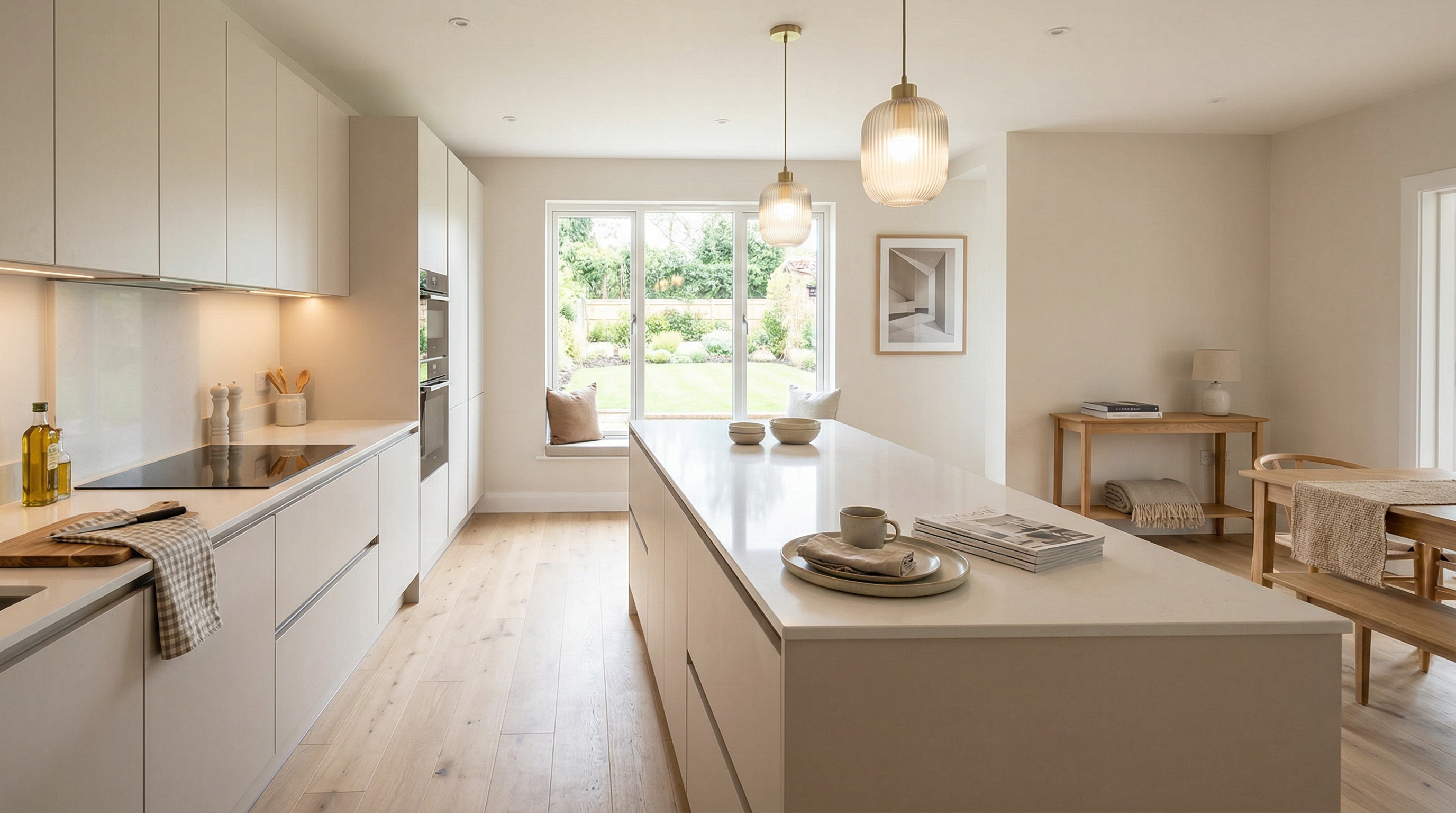 Wide view of a newly completed bespoke Mastercraft kitchen, timber veneer slab-door cabinetry in light grey tones