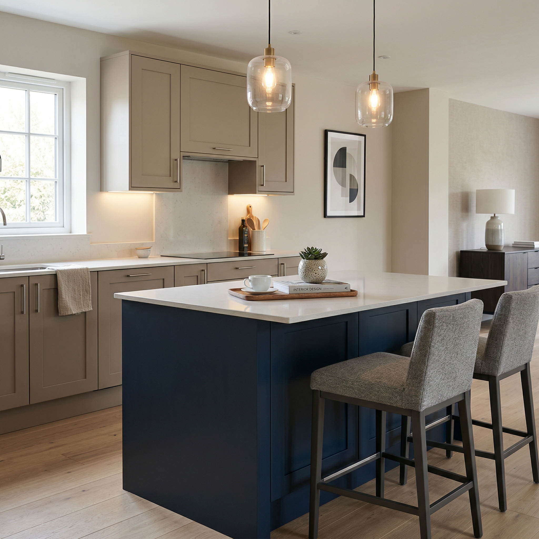 Bespoke kitchen island detail, timber veneer slab-door cabinetry with quality joinery