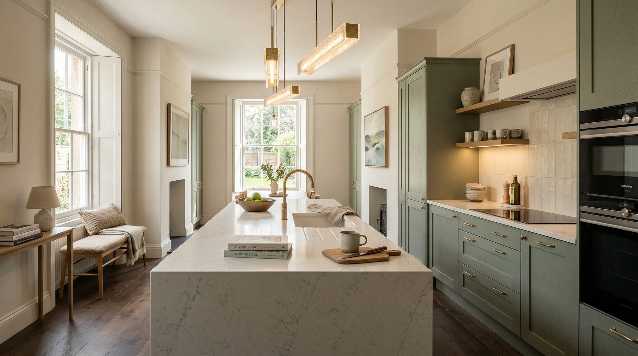 Wide view of a newly completed bespoke Mastercraft kitchen, contemporary painted lay-on cabinetry in taupe grey tones