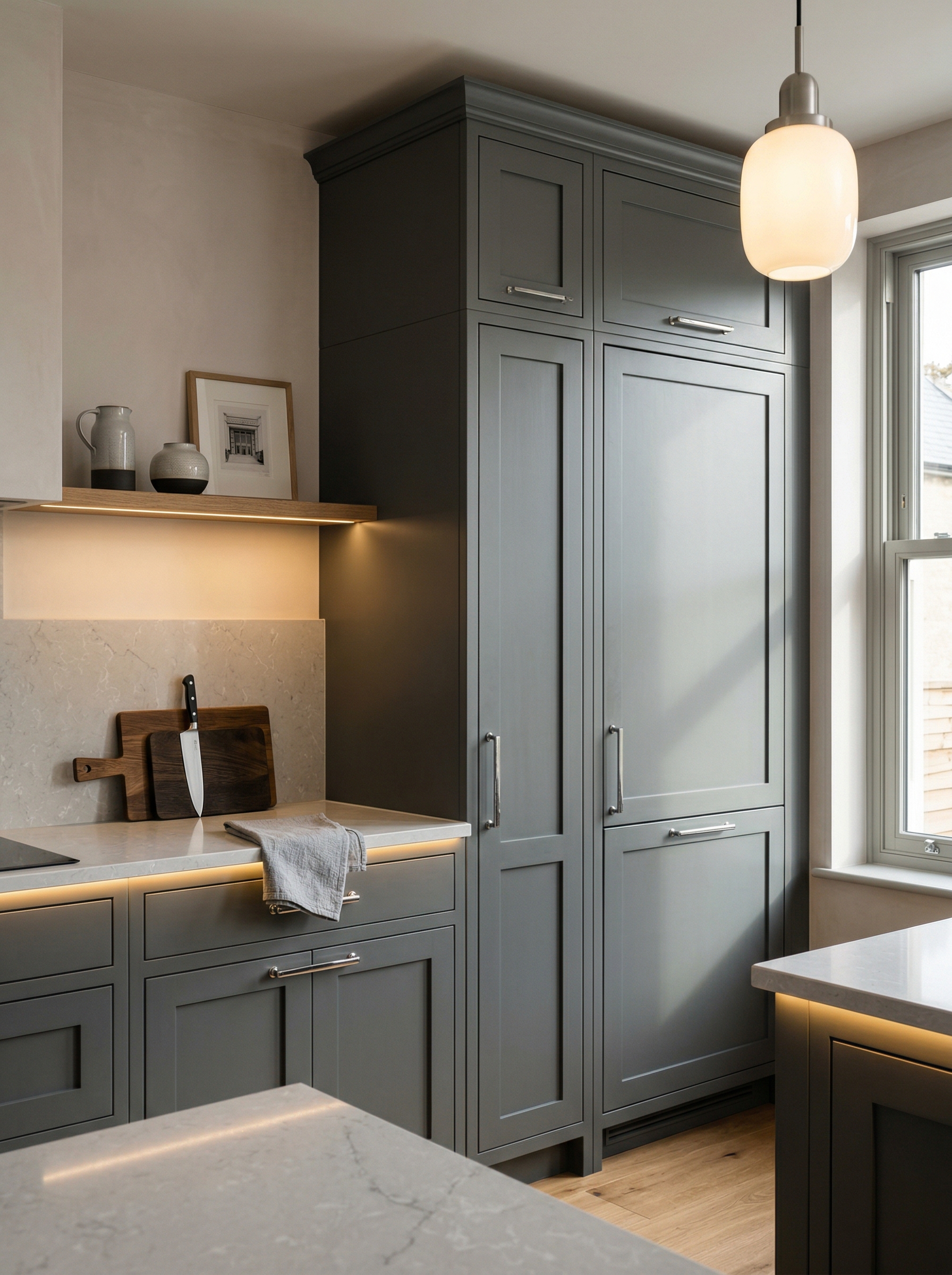 portrait1_600x800 Tall view of full-height bespoke kitchen cabinetry, contemporary painted lay-on cabinetry