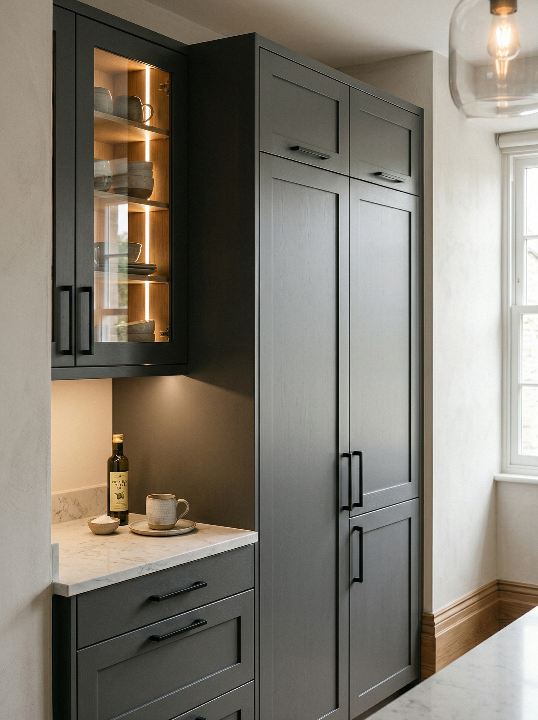 Bespoke kitchen installation, full-height cabinetry and considered storage design
