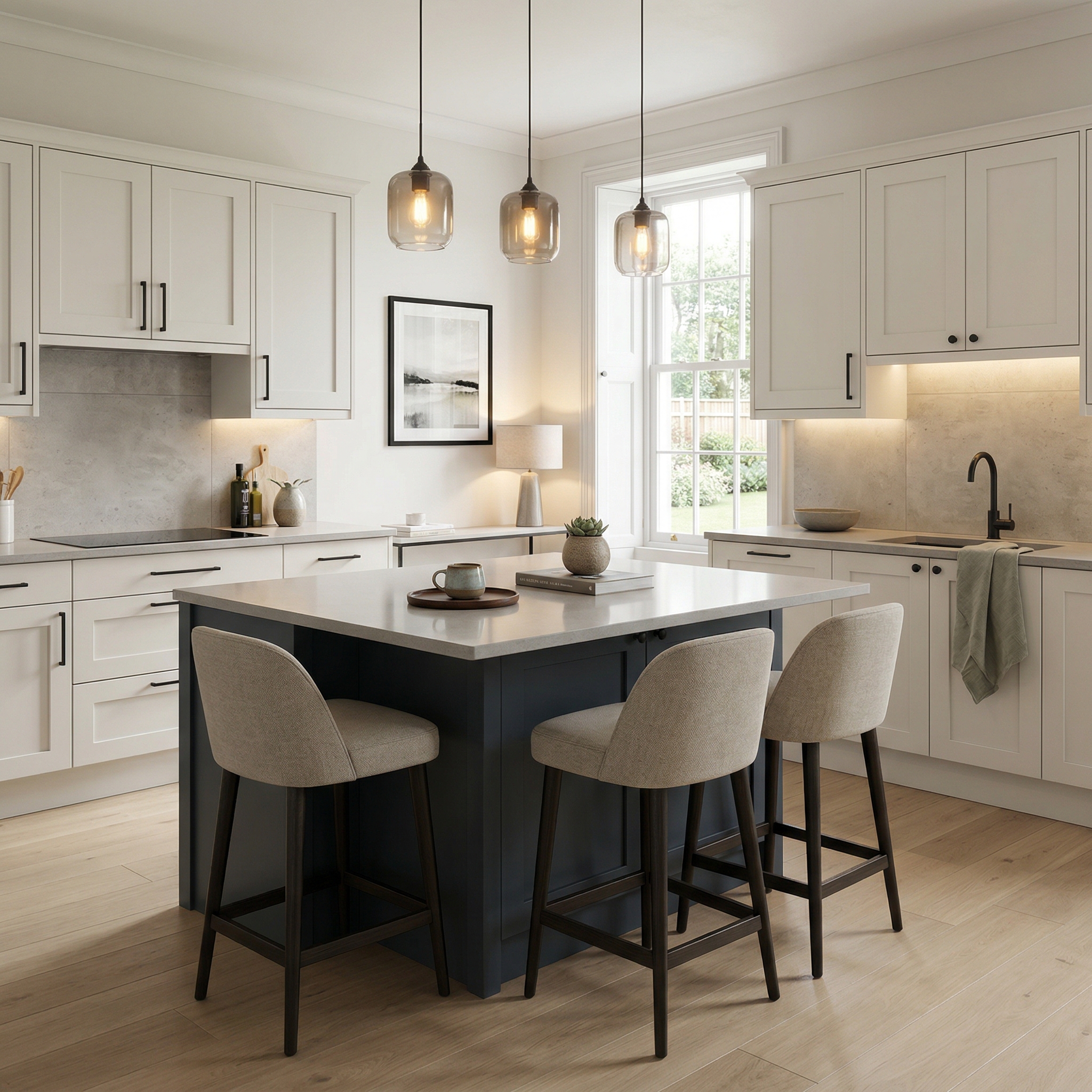 Bespoke kitchen island detail, contemporary painted lay-on cabinetry with quality joinery