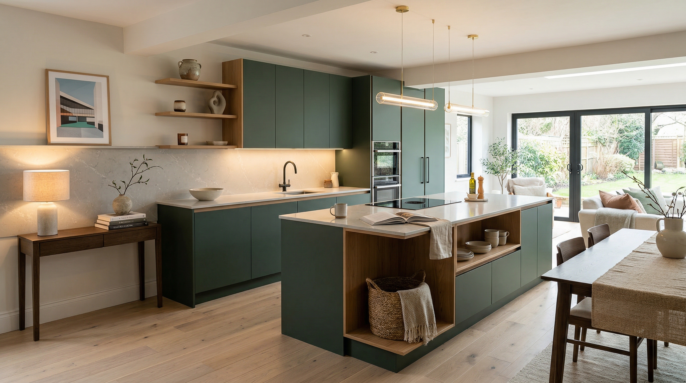 Mastercraft bespoke kitchen in Dinas Powys, wide architectural view showing room volume and design quality