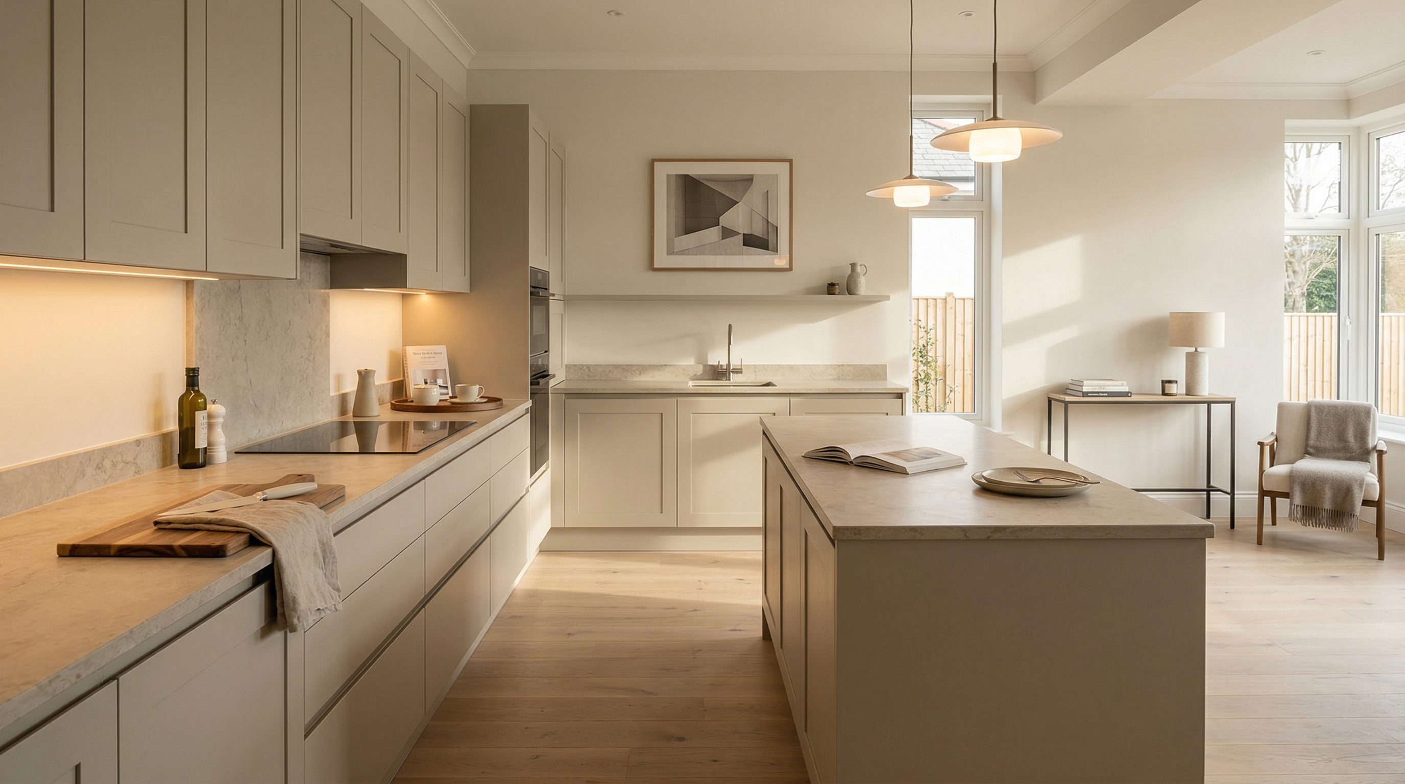 Wide view of a newly completed bespoke Mastercraft kitchen, matt painted handleless slab cabinetry in viridian tones