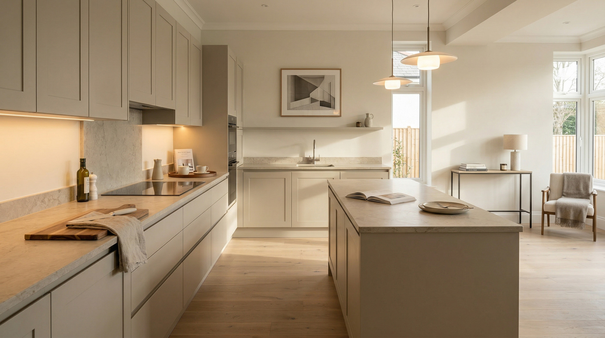 Wide view of a newly completed bespoke Mastercraft kitchen, matt painted handleless slab cabinetry in viridian tones