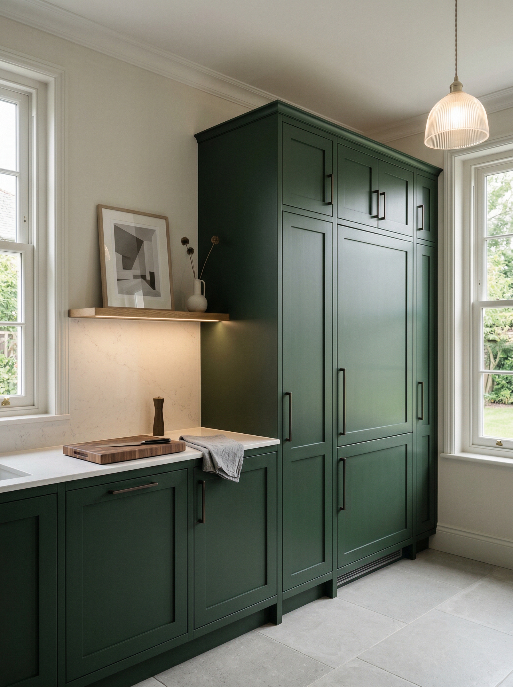 Tall view of full-height bespoke kitchen cabinetry, matt painted handleless slab cabinetry