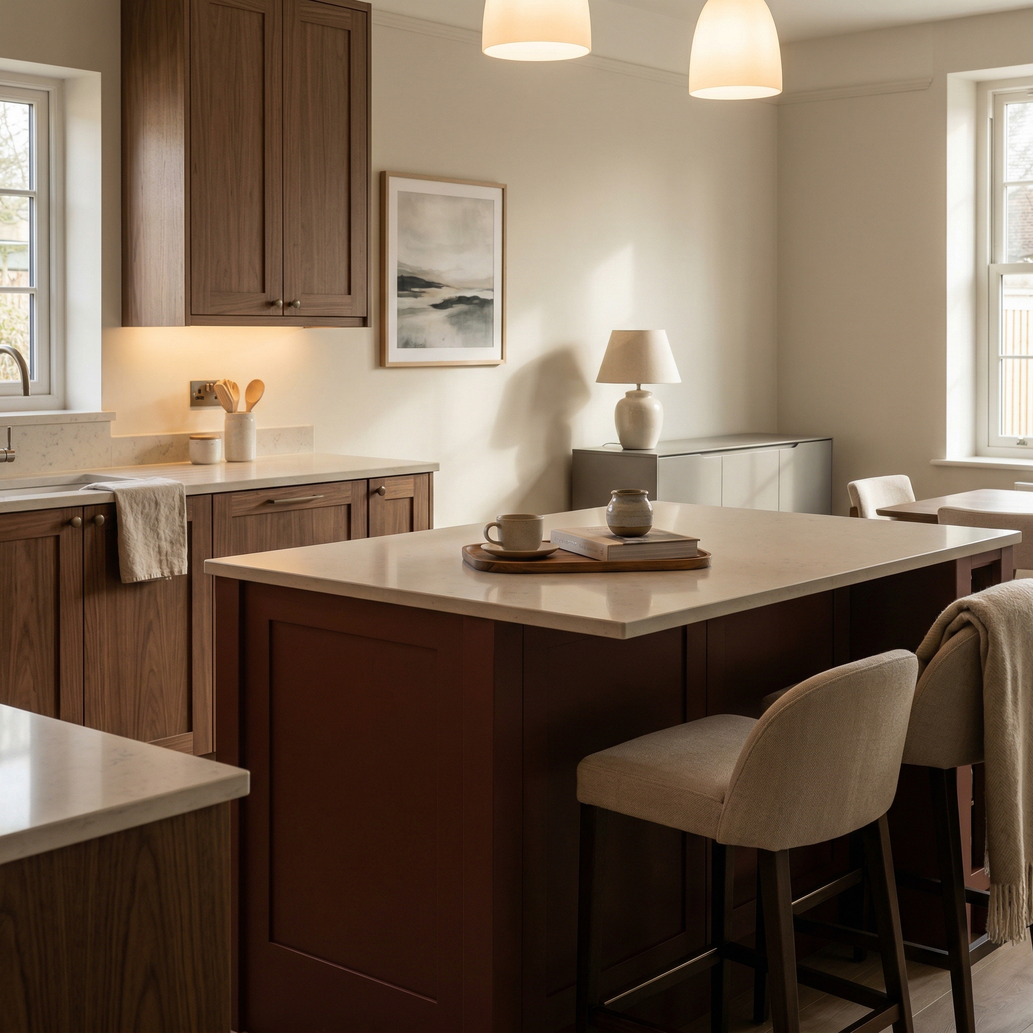 Bespoke kitchen island detail, matt painted handleless slab cabinetry with quality joinery