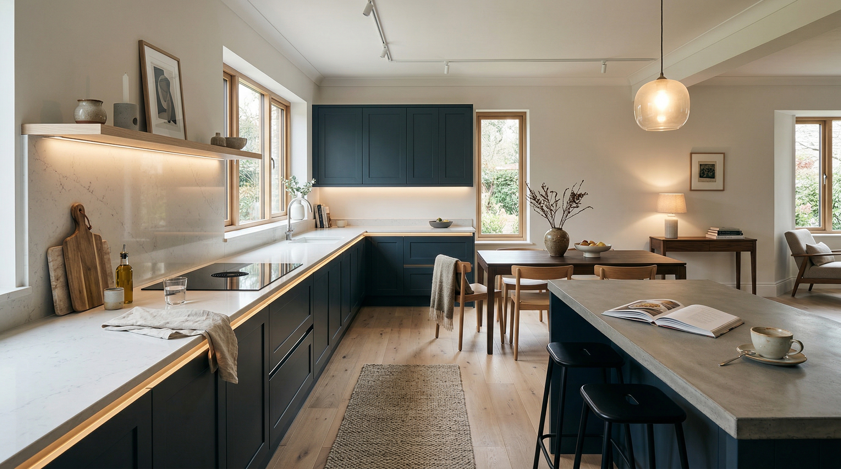 Mastercraft bespoke kitchen in Dorchester, wide architectural view showing room volume and design quality