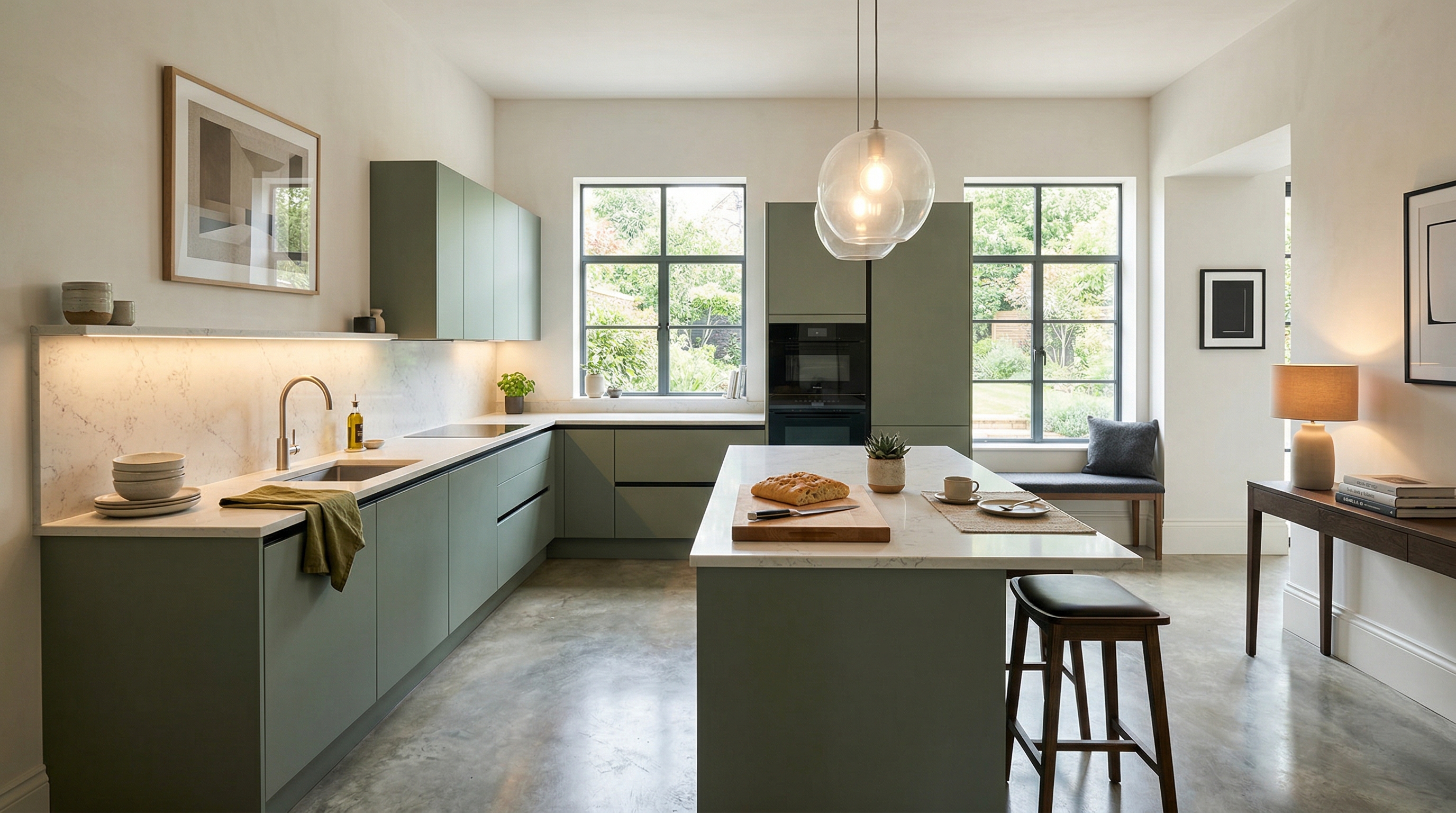 Wide view of a newly completed bespoke Mastercraft kitchen, contemporary painted lay-on cabinetry in taupe grey tones