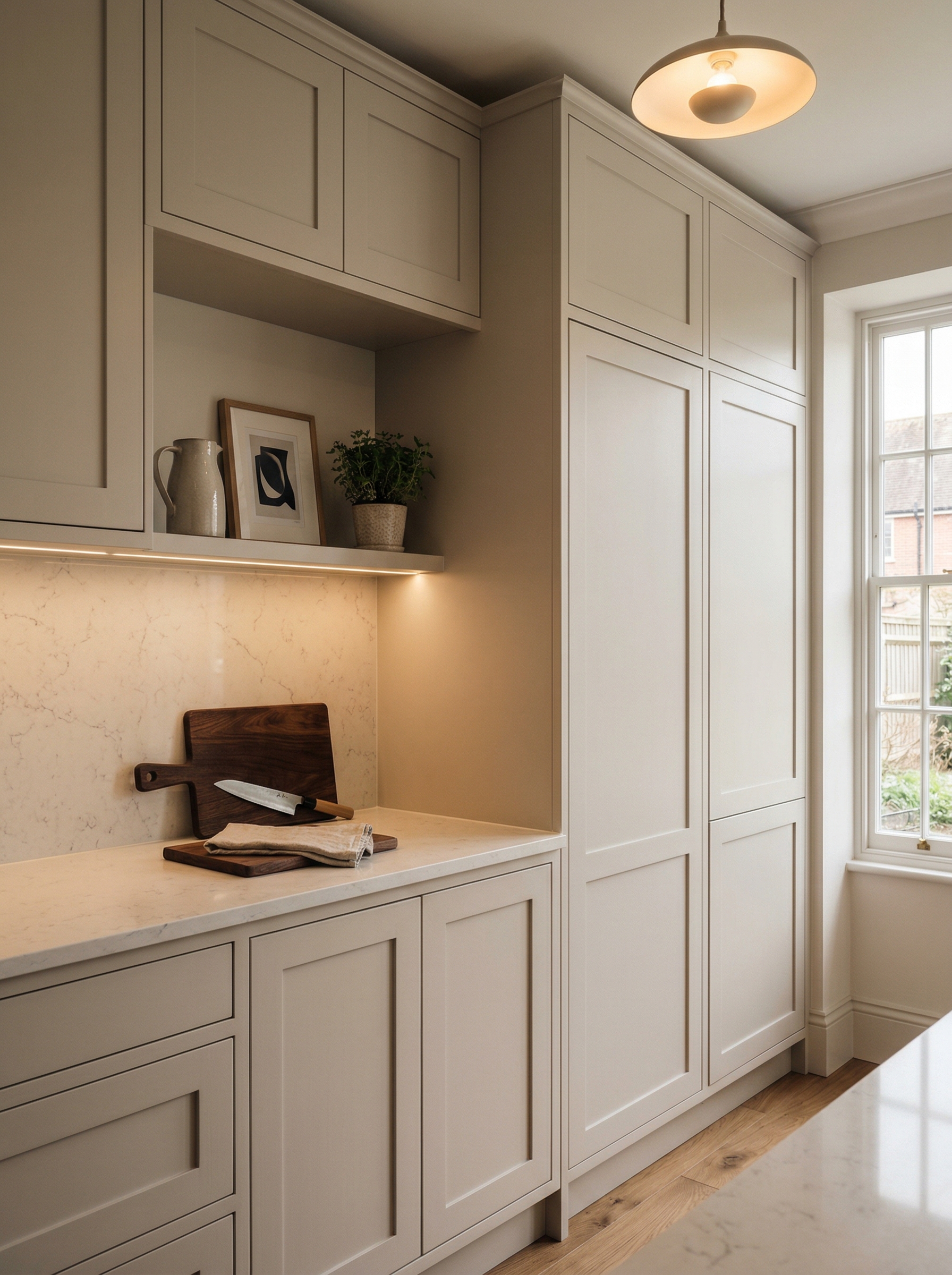 Tall view of full-height bespoke kitchen cabinetry, contemporary painted lay-on cabinetry