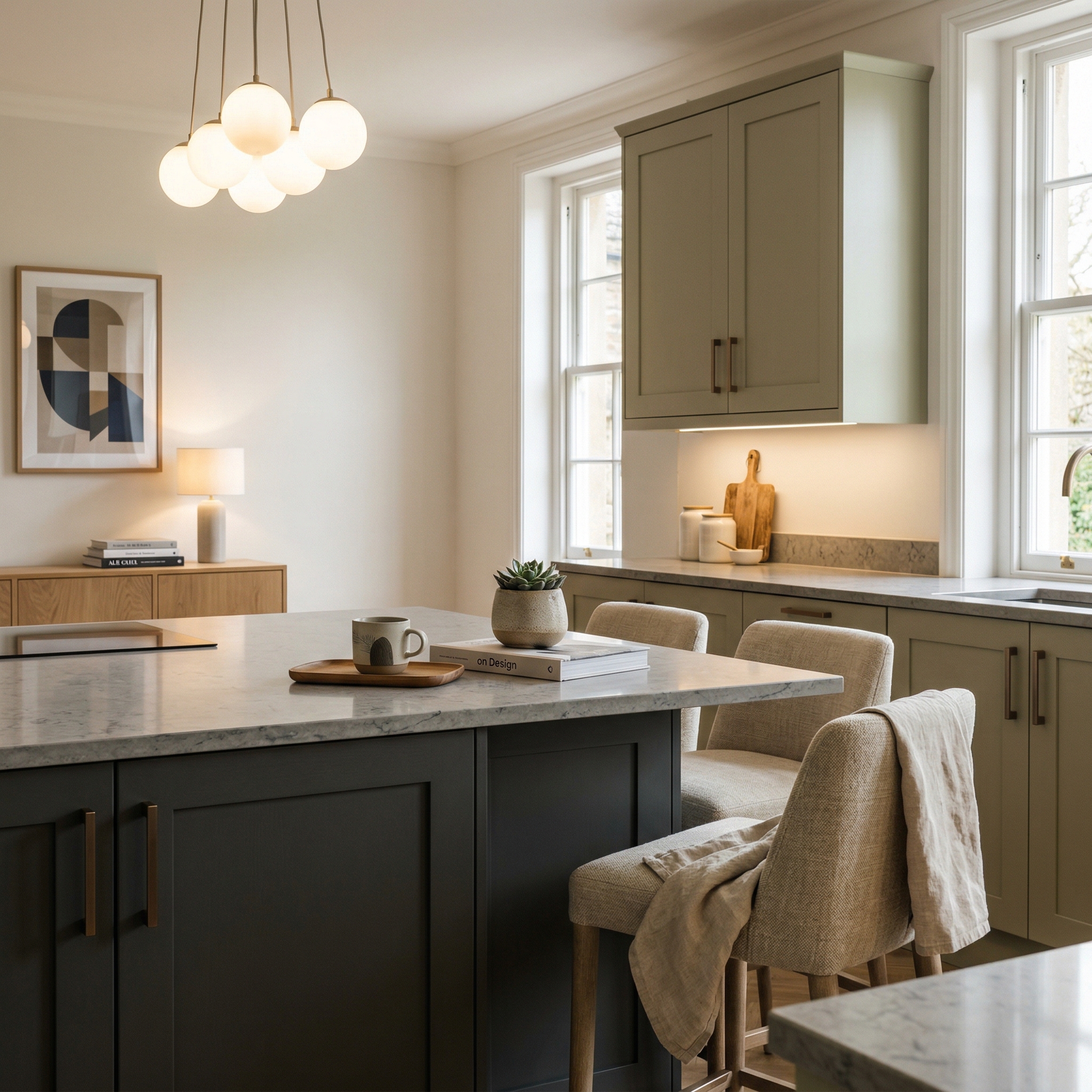 Bespoke kitchen island detail, contemporary painted lay-on cabinetry with quality joinery