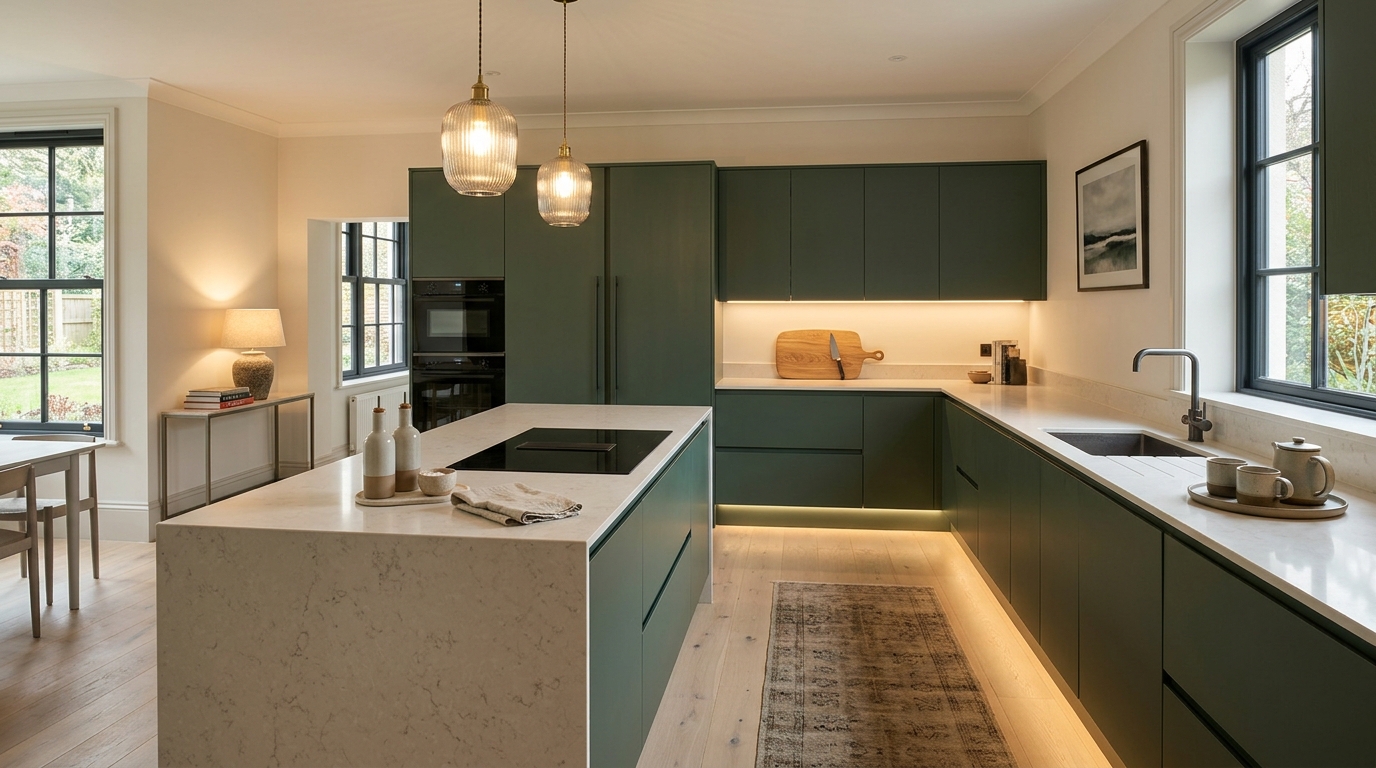 Wide view of a newly completed bespoke Mastercraft kitchen, modern shaker cabinetry in lava tones