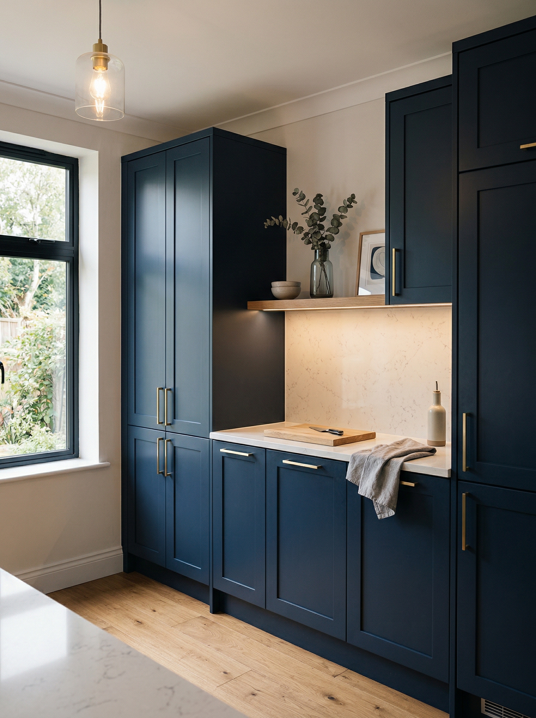 Tall view of full-height bespoke kitchen cabinetry, modern shaker cabinetry
