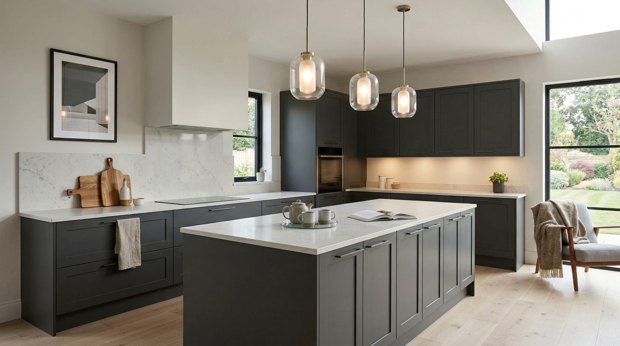 Wide view of a newly completed bespoke Mastercraft kitchen, matt painted handleless slab cabinetry in slate blue tones