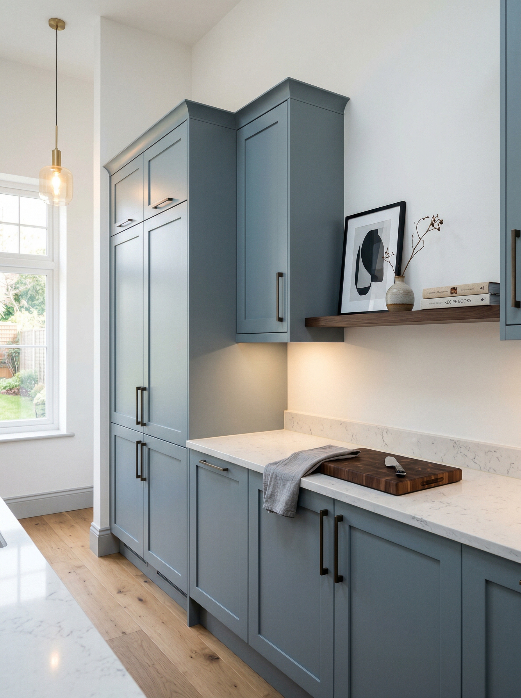 Tall view of full-height bespoke kitchen cabinetry, matt painted handleless slab cabinetry