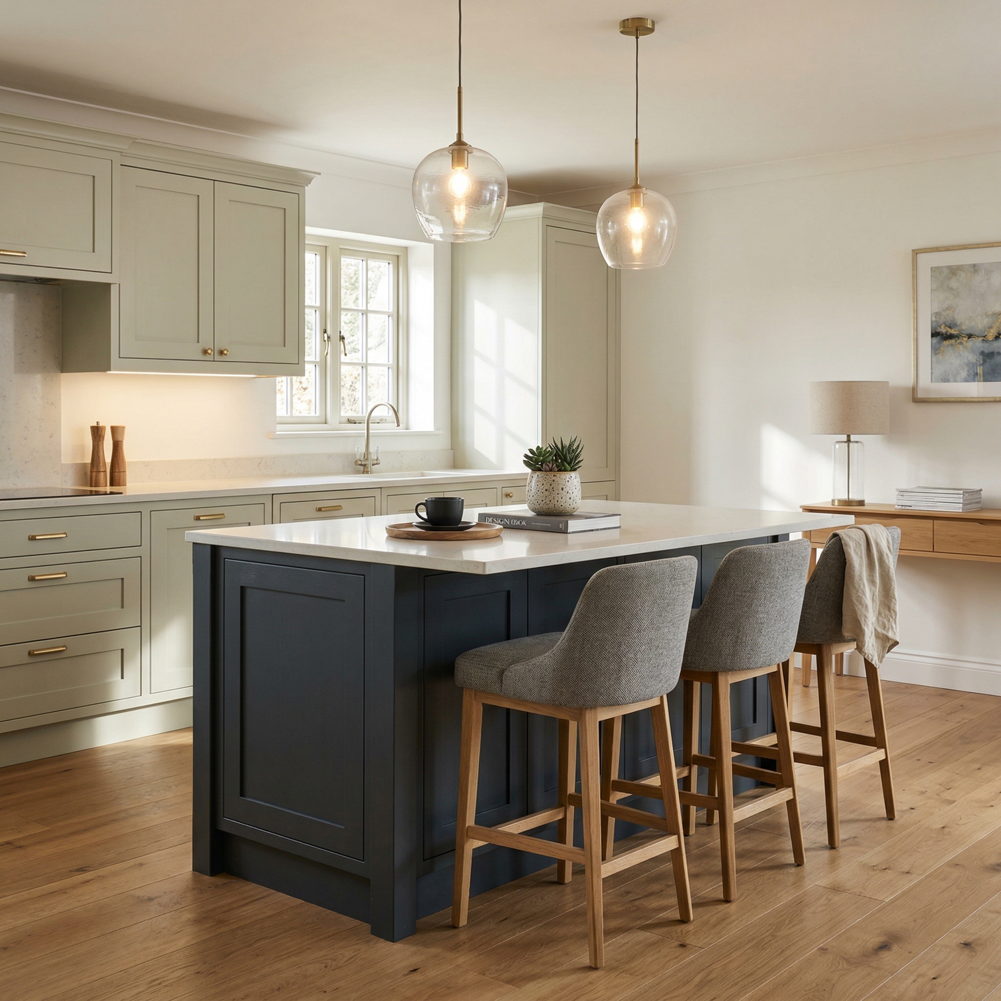 Bespoke kitchen island detail, matt painted handleless slab cabinetry with quality joinery