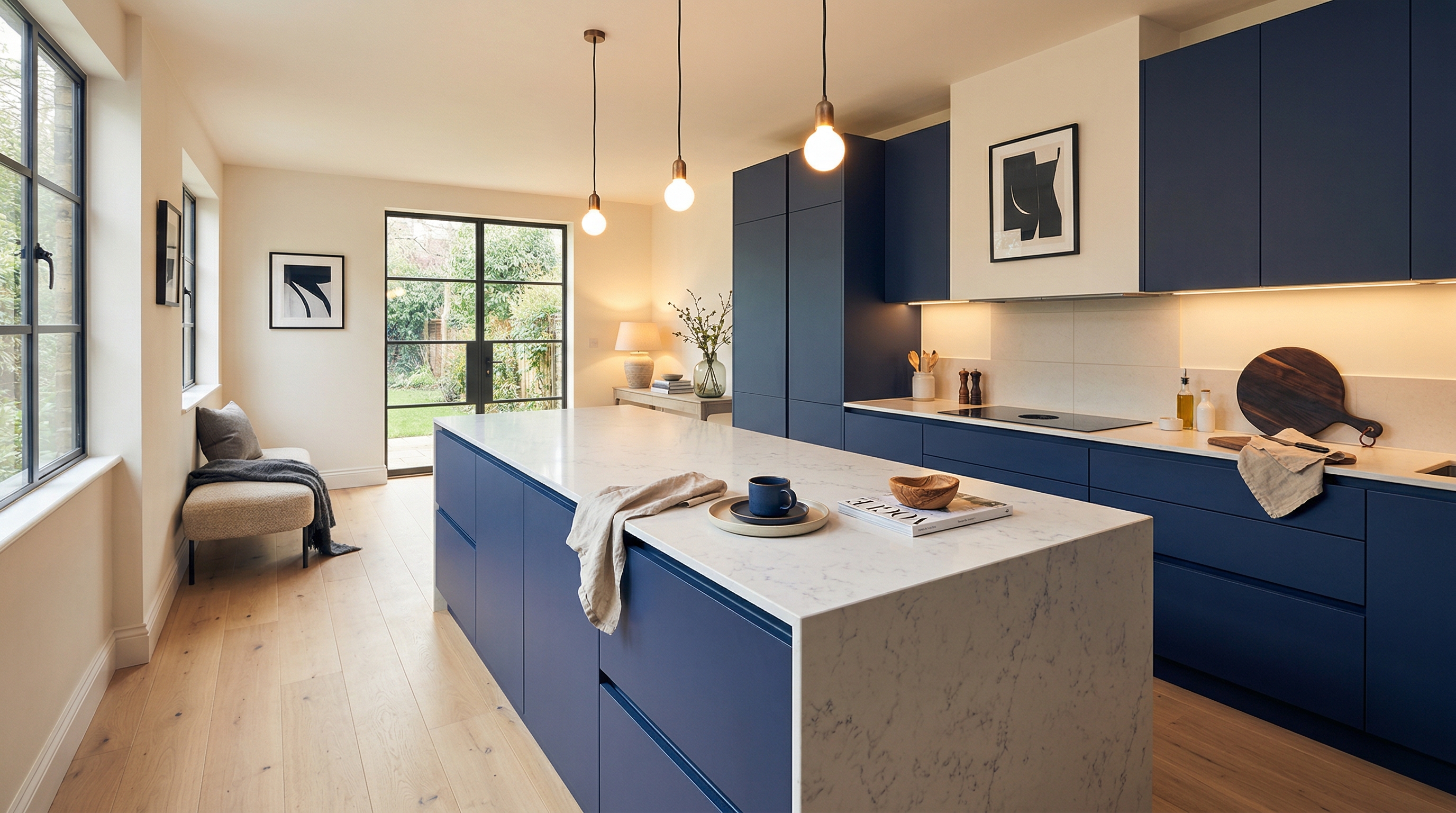 Mastercraft bespoke kitchen in Dulwich, wide architectural view showing room volume and design quality