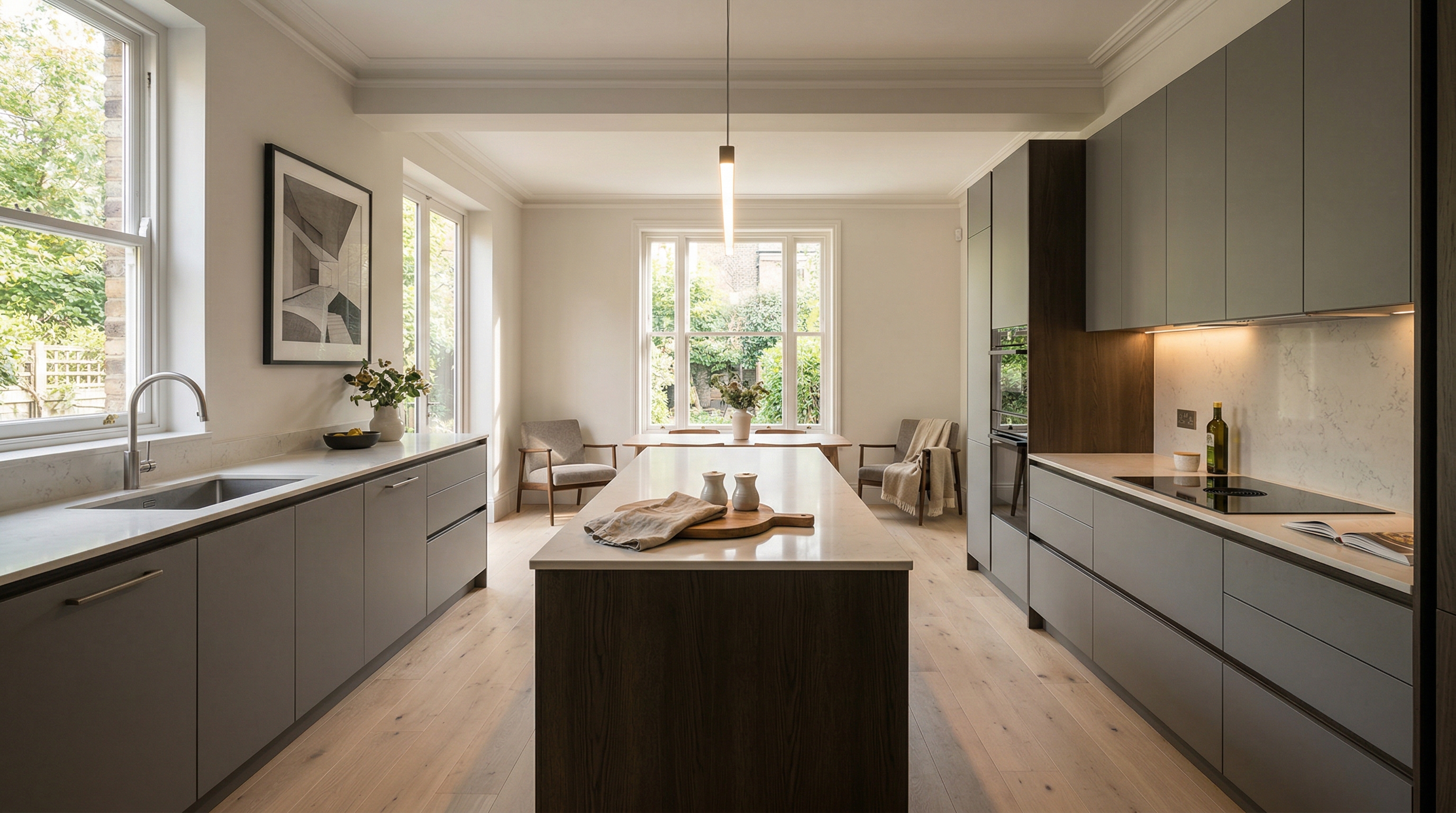 Wide view of a newly completed bespoke Mastercraft kitchen, timber veneer slab-door cabinetry in cardamom tones
