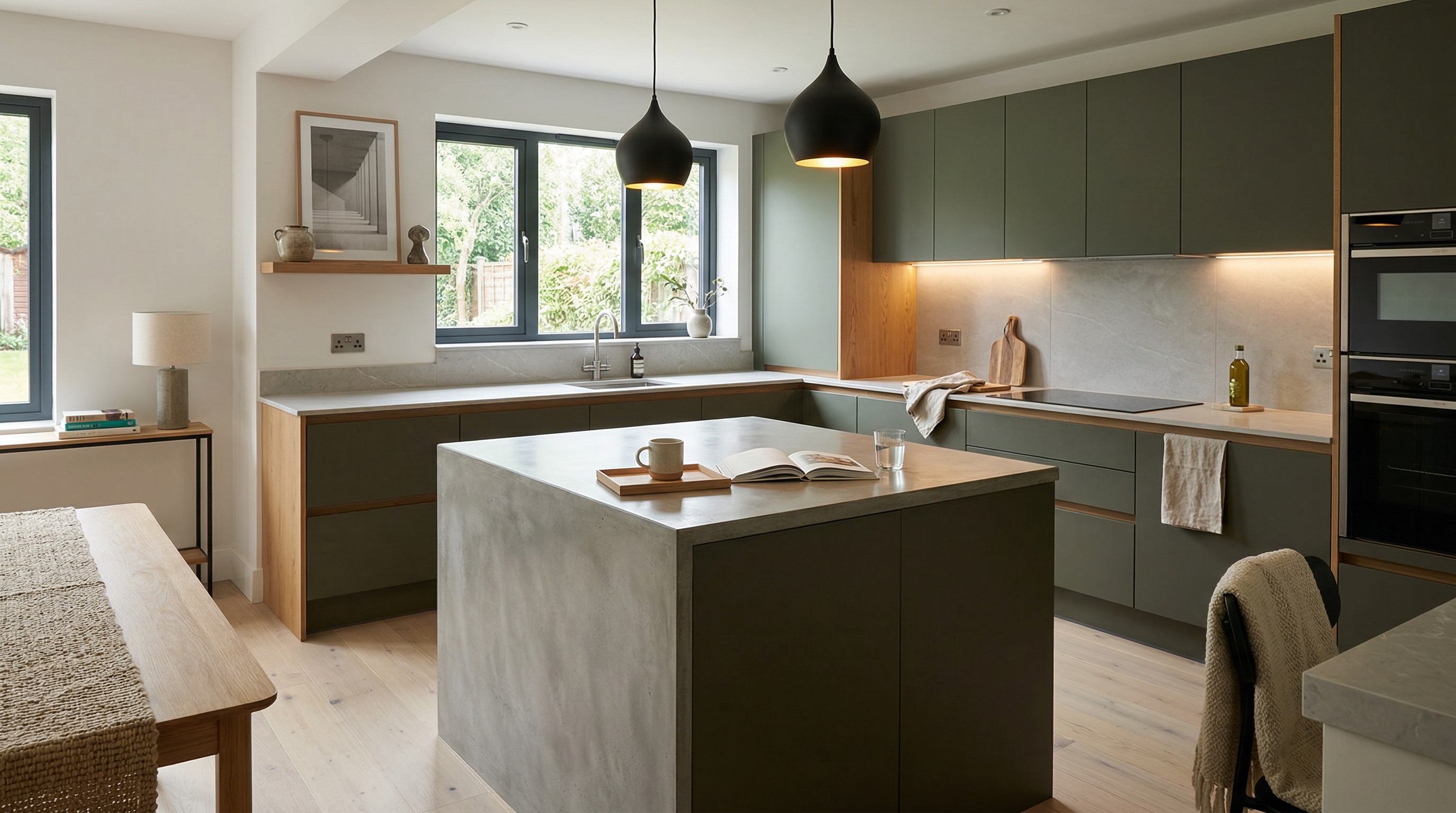 Mastercraft bespoke kitchen in Dunstable, wide architectural view showing room volume and design quality