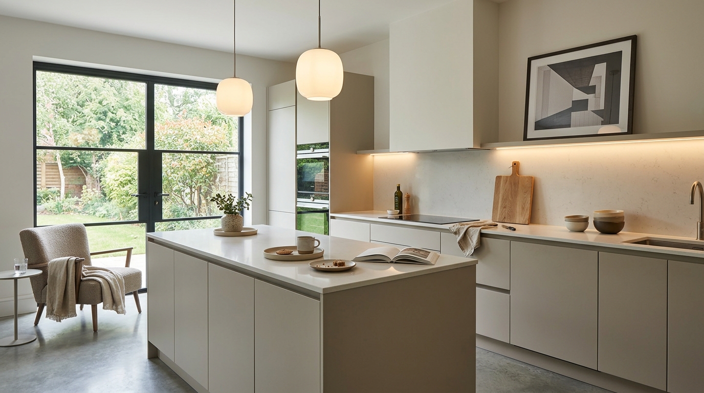 hero_1200x675 Wide view of a newly completed bespoke Mastercraft kitchen, contemporary in-frame cabinetry in stone tones