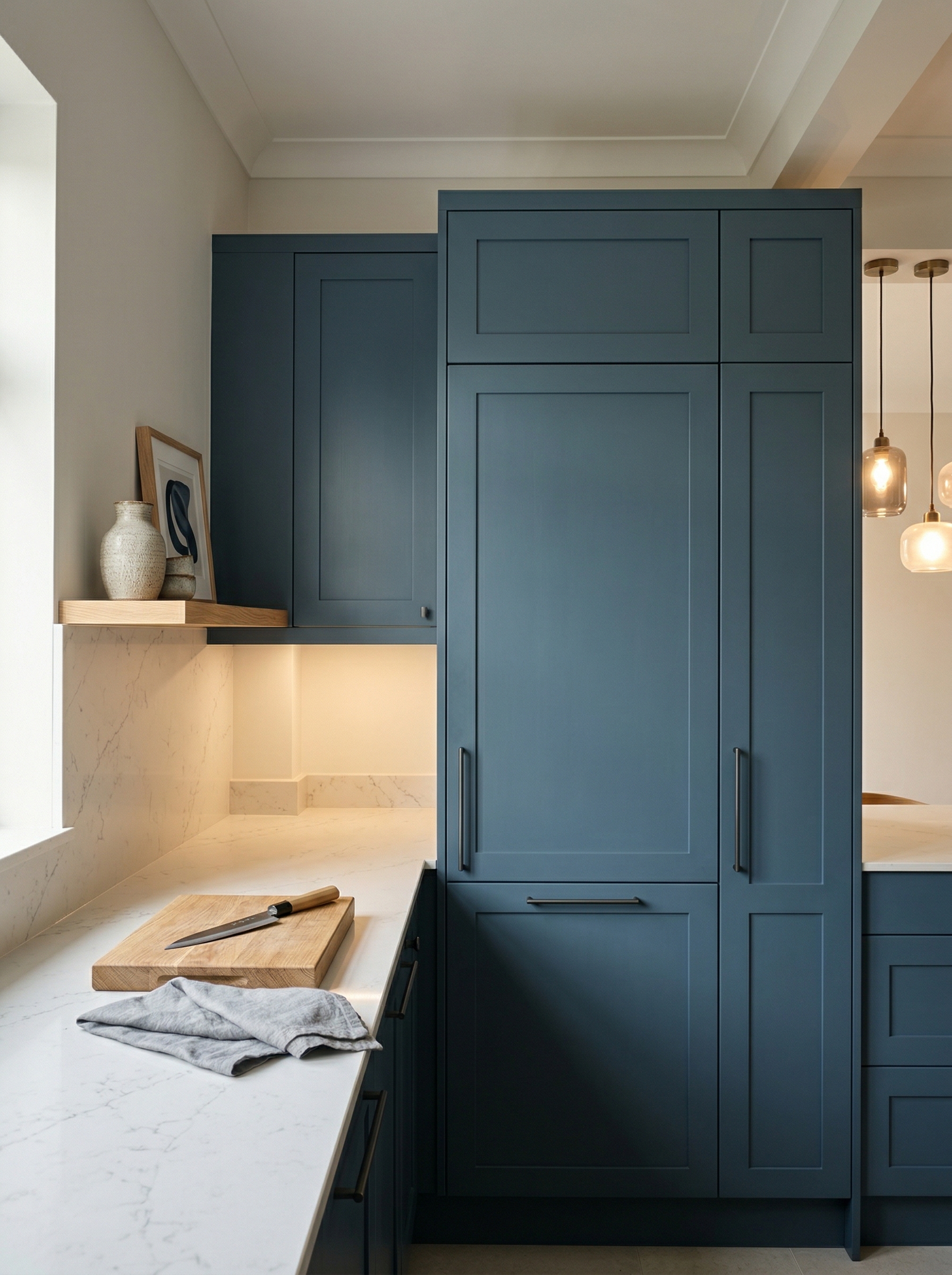 Tall view of full-height bespoke kitchen cabinetry, contemporary in-frame cabinetry