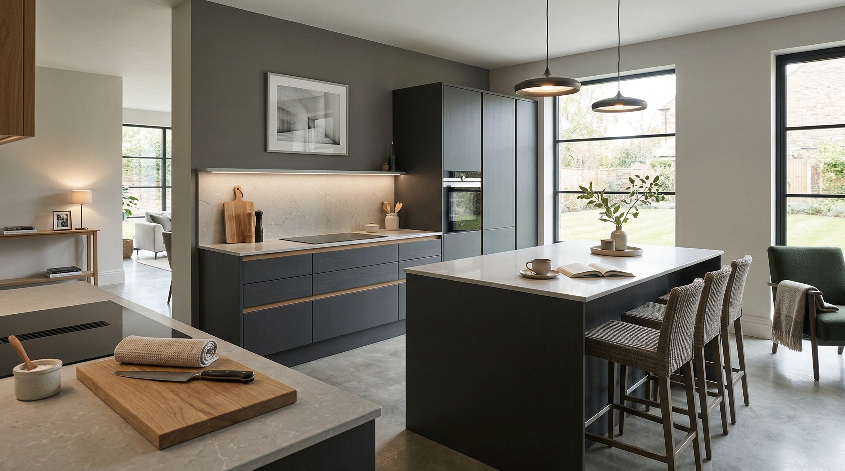 Mastercraft bespoke kitchen in Durham, wide architectural view showing room volume and design quality