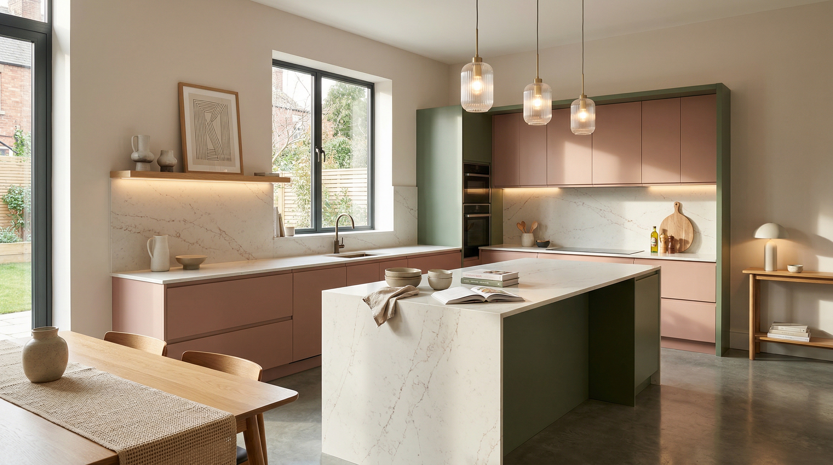 hero_1200x675 Wide view of a newly completed bespoke Mastercraft kitchen, contemporary in-frame cabinetry in cardamom tones