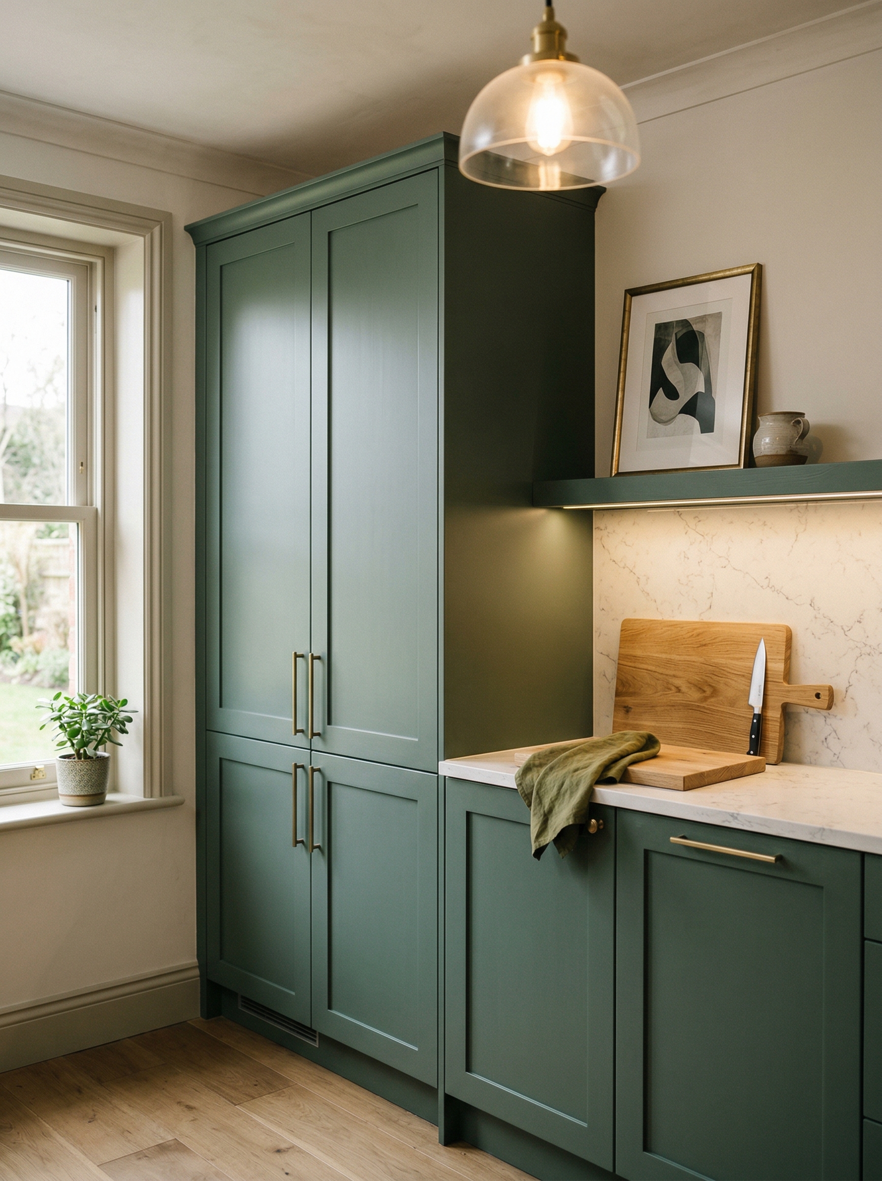 Tall view of full-height bespoke kitchen cabinetry, contemporary in-frame cabinetry
