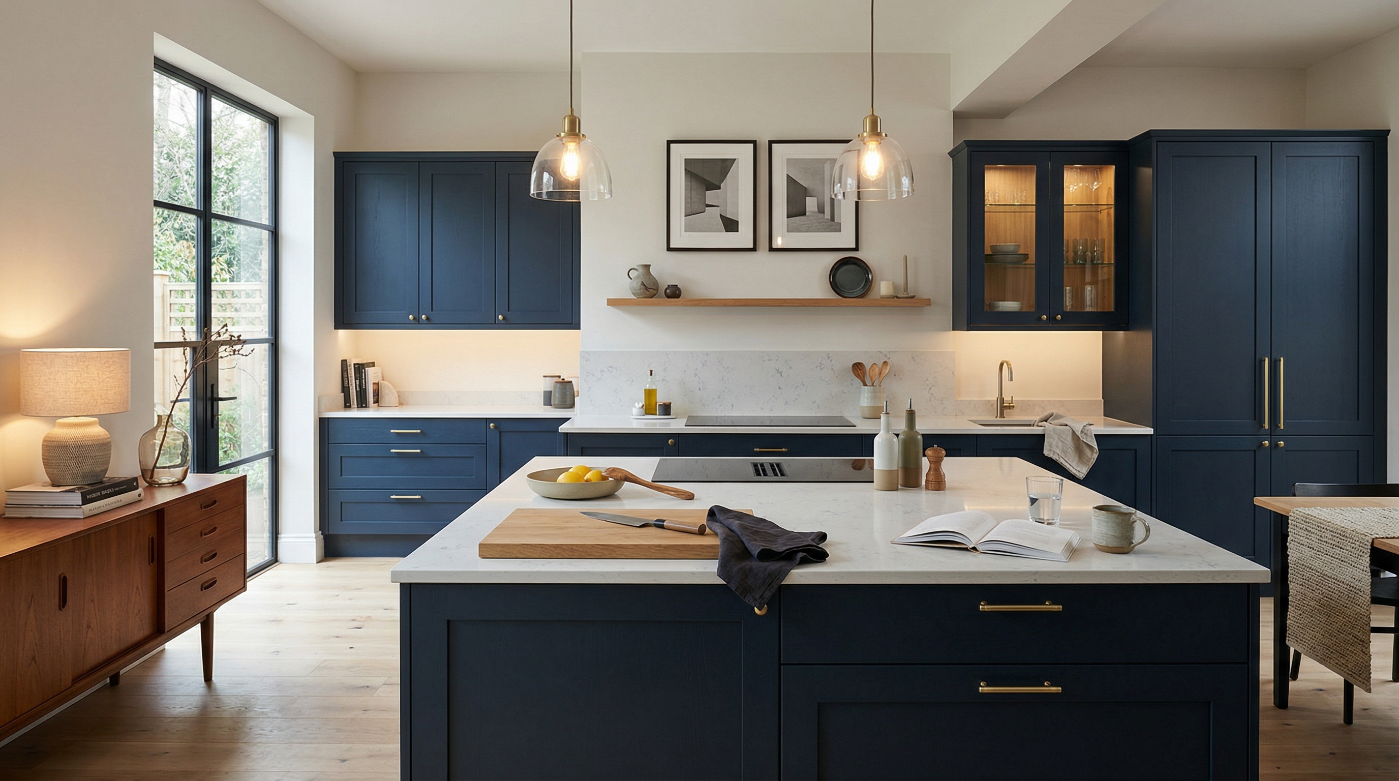 hero_1200x675 Wide view of a newly completed bespoke Mastercraft kitchen, timber veneer slab-door cabinetry in deep forest tones