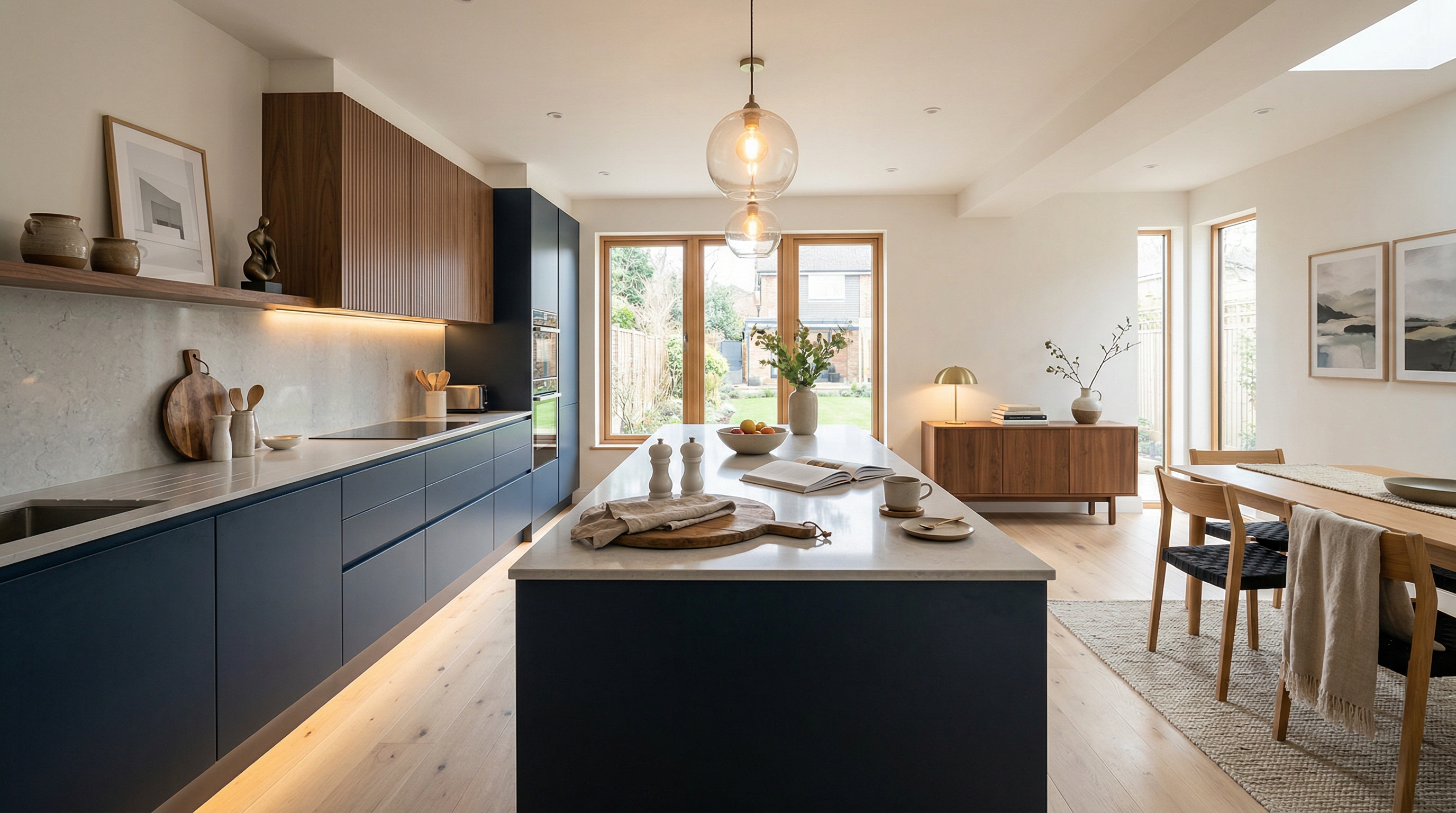 Mastercraft bespoke kitchen in Eastbourne, wide architectural view showing room volume and design quality