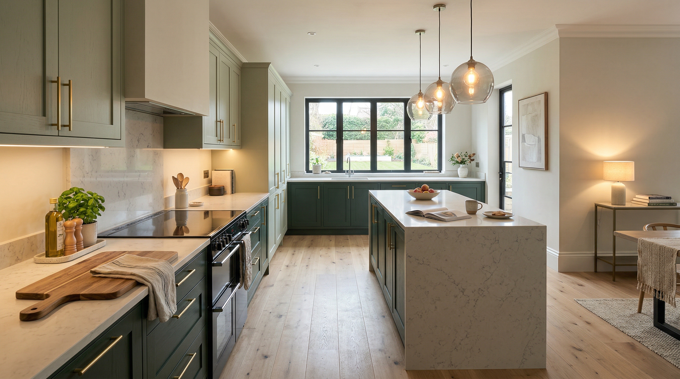 hero_1200x675 Wide view of a newly completed bespoke Mastercraft kitchen, timber veneer slab-door cabinetry in cashmere tones