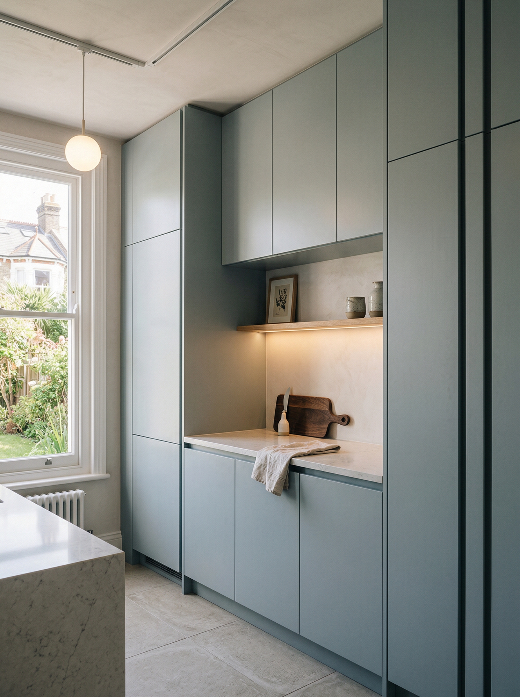 Tall view of full-height bespoke kitchen cabinetry, timber veneer slab-door cabinetry