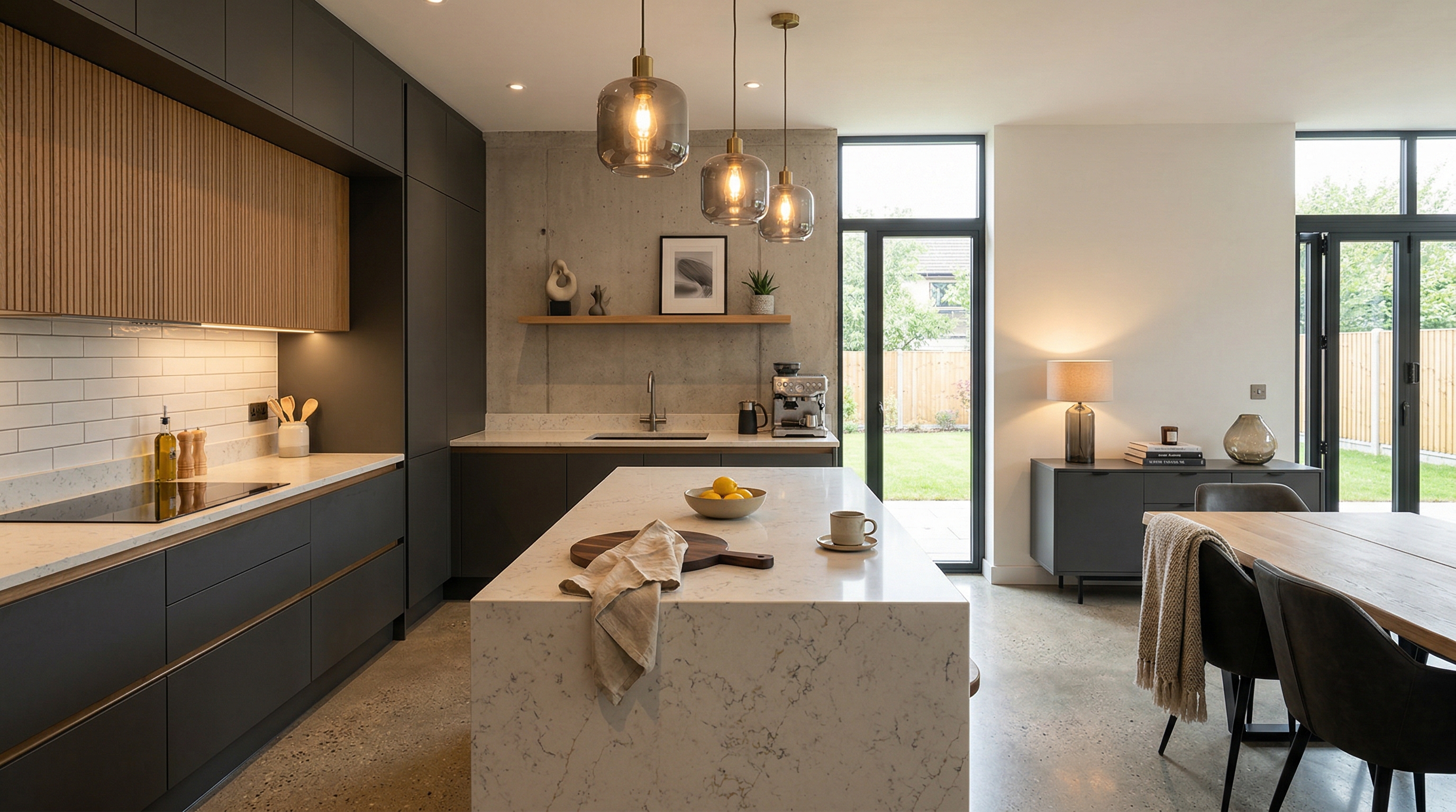 Mastercraft bespoke kitchen in Ebbw Vale, wide architectural view showing room volume and design quality