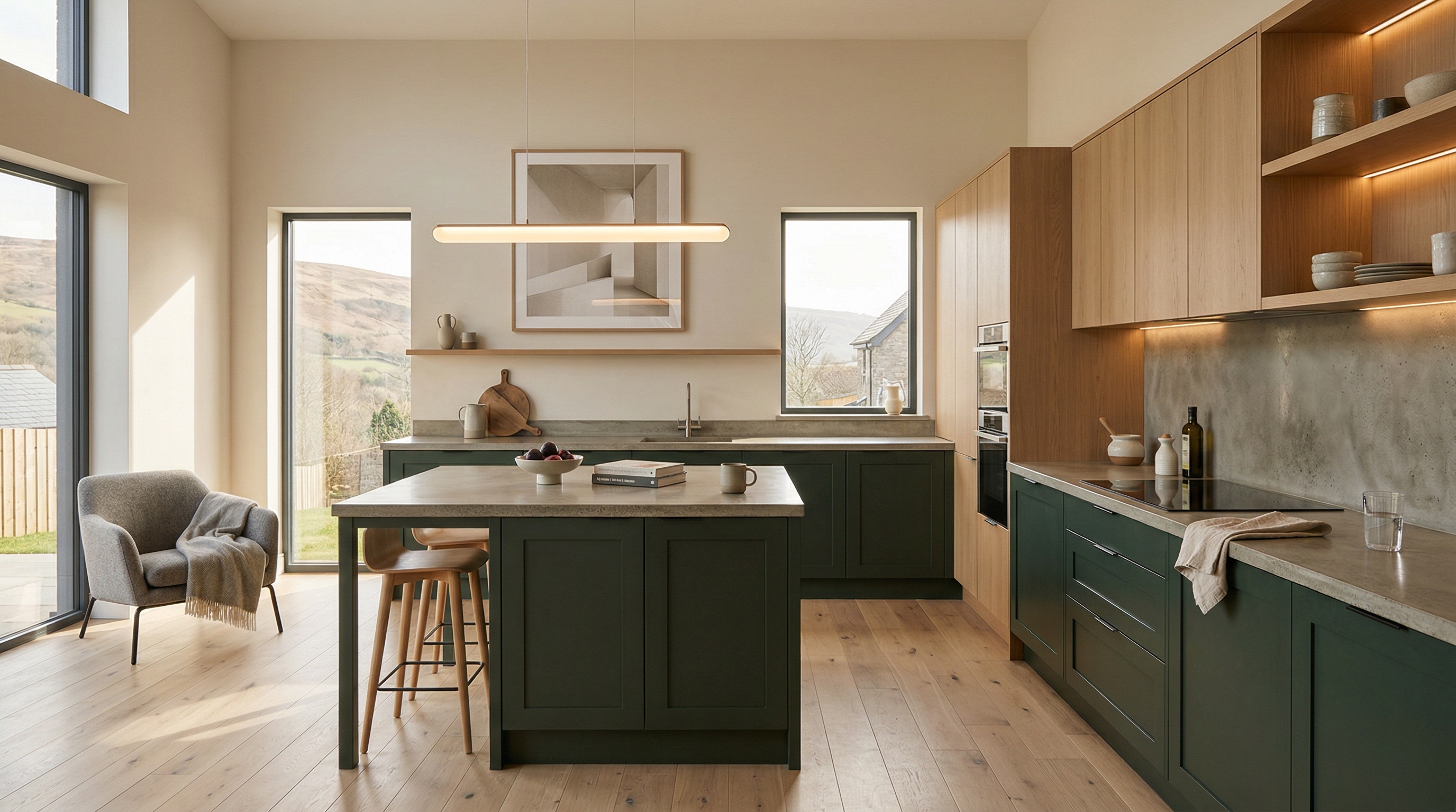 Wide view of a newly completed bespoke Mastercraft kitchen, matt painted handleless slab cabinetry in pantry blue tones