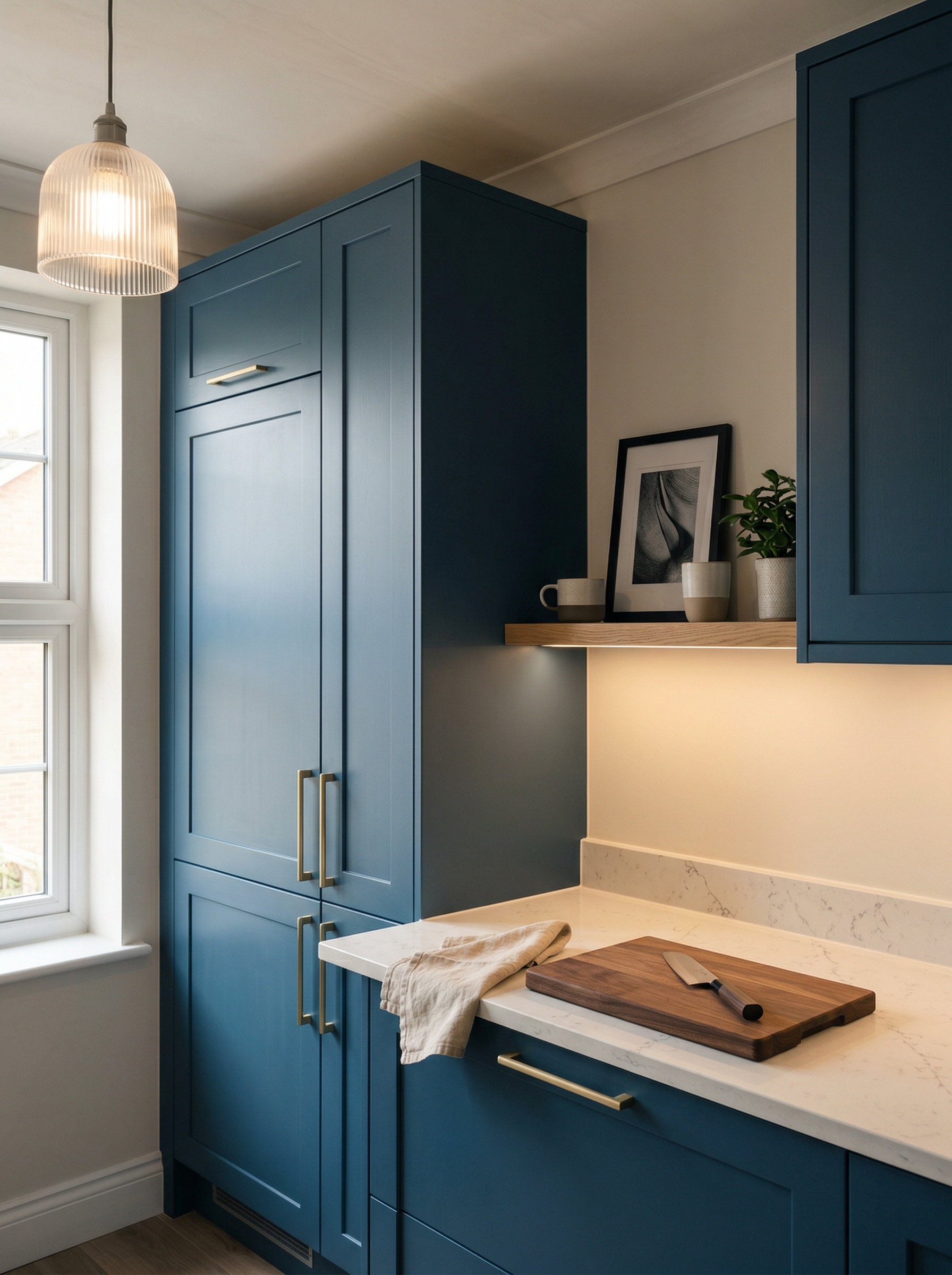 Tall view of full-height bespoke kitchen cabinetry, matt painted handleless slab cabinetry