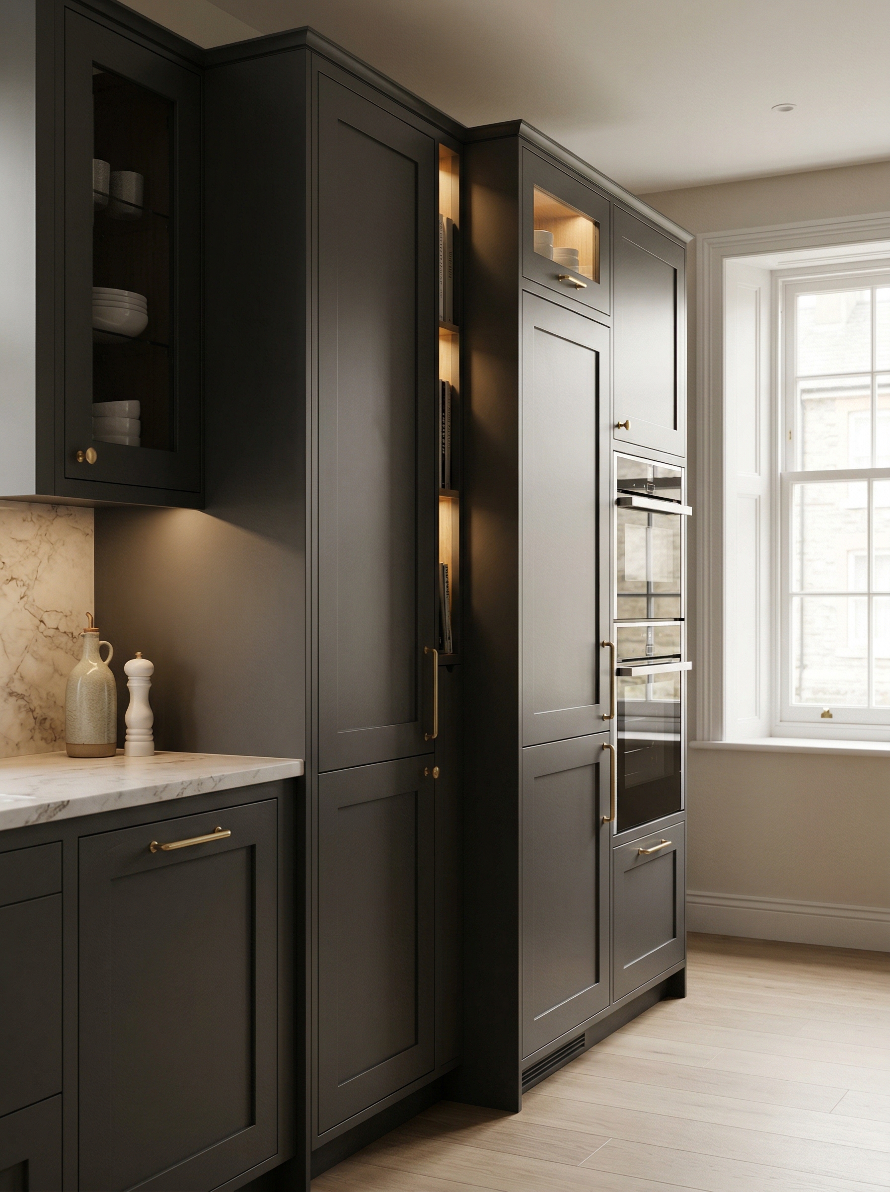 Bespoke kitchen installation, full-height cabinetry and considered storage design