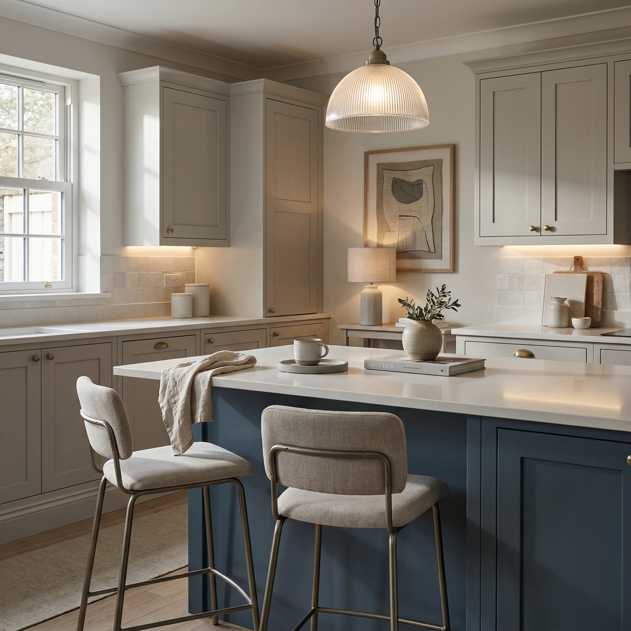 Bespoke kitchen island detail, matt painted handleless slab cabinetry with quality joinery