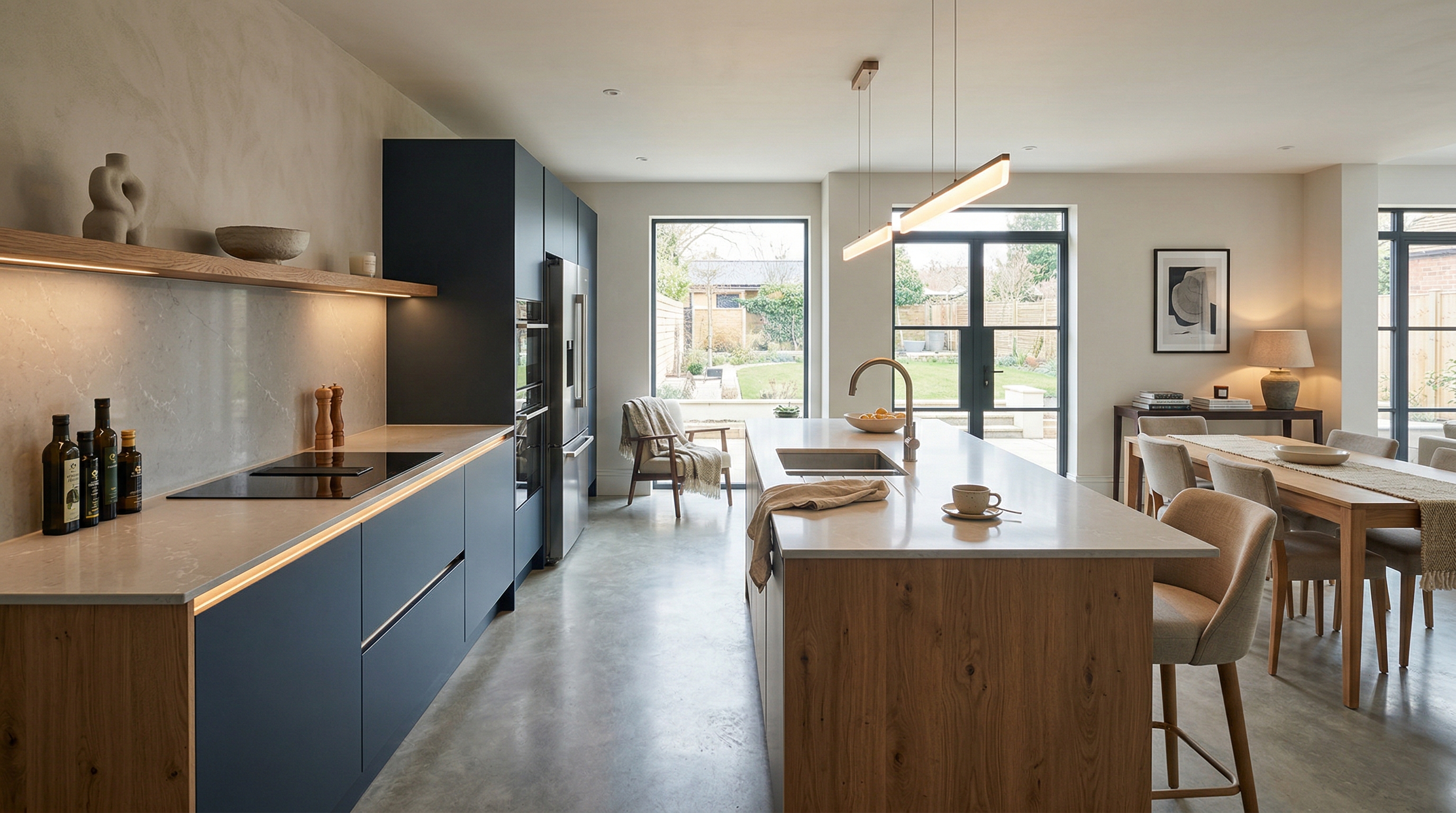 Mastercraft bespoke kitchen in Ely, wide architectural view showing room volume and design quality