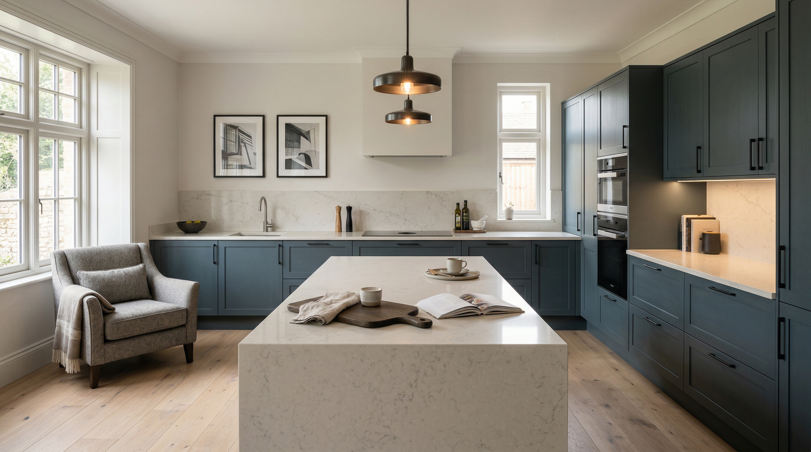 hero_1200x675 Wide view of a newly completed bespoke Mastercraft kitchen, contemporary painted lay-on cabinetry in light teal tones