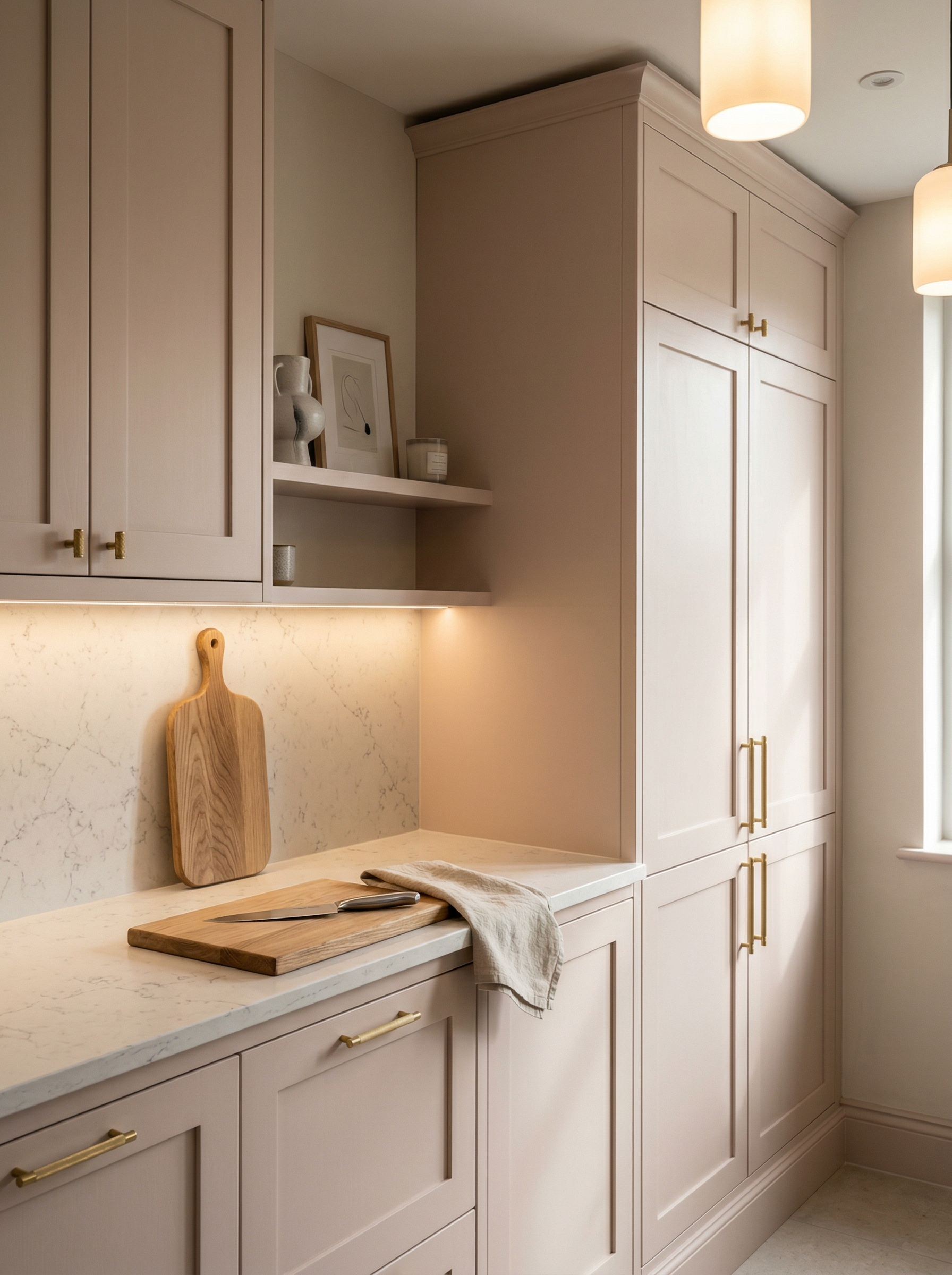 Tall view of full-height bespoke kitchen cabinetry, contemporary painted lay-on cabinetry