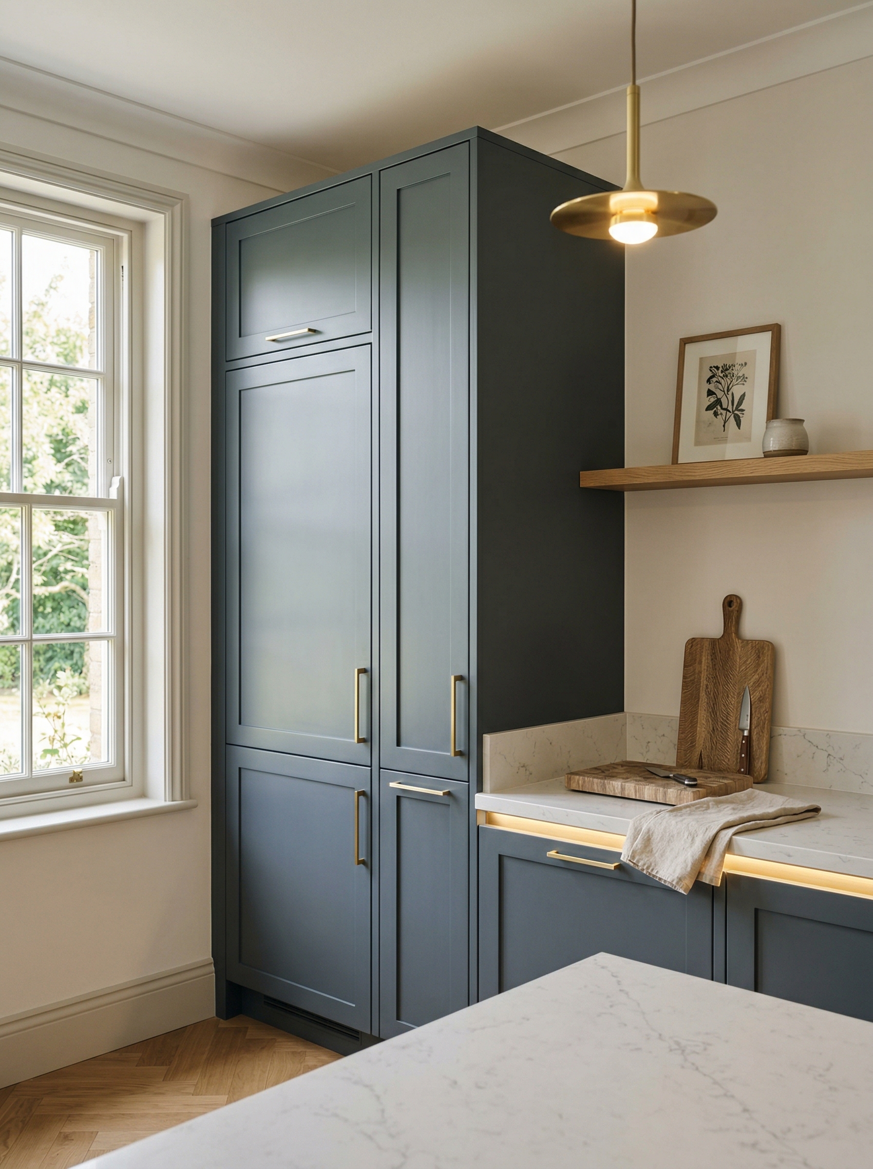 Tall view of full-height bespoke kitchen cabinetry, contemporary painted lay-on cabinetry