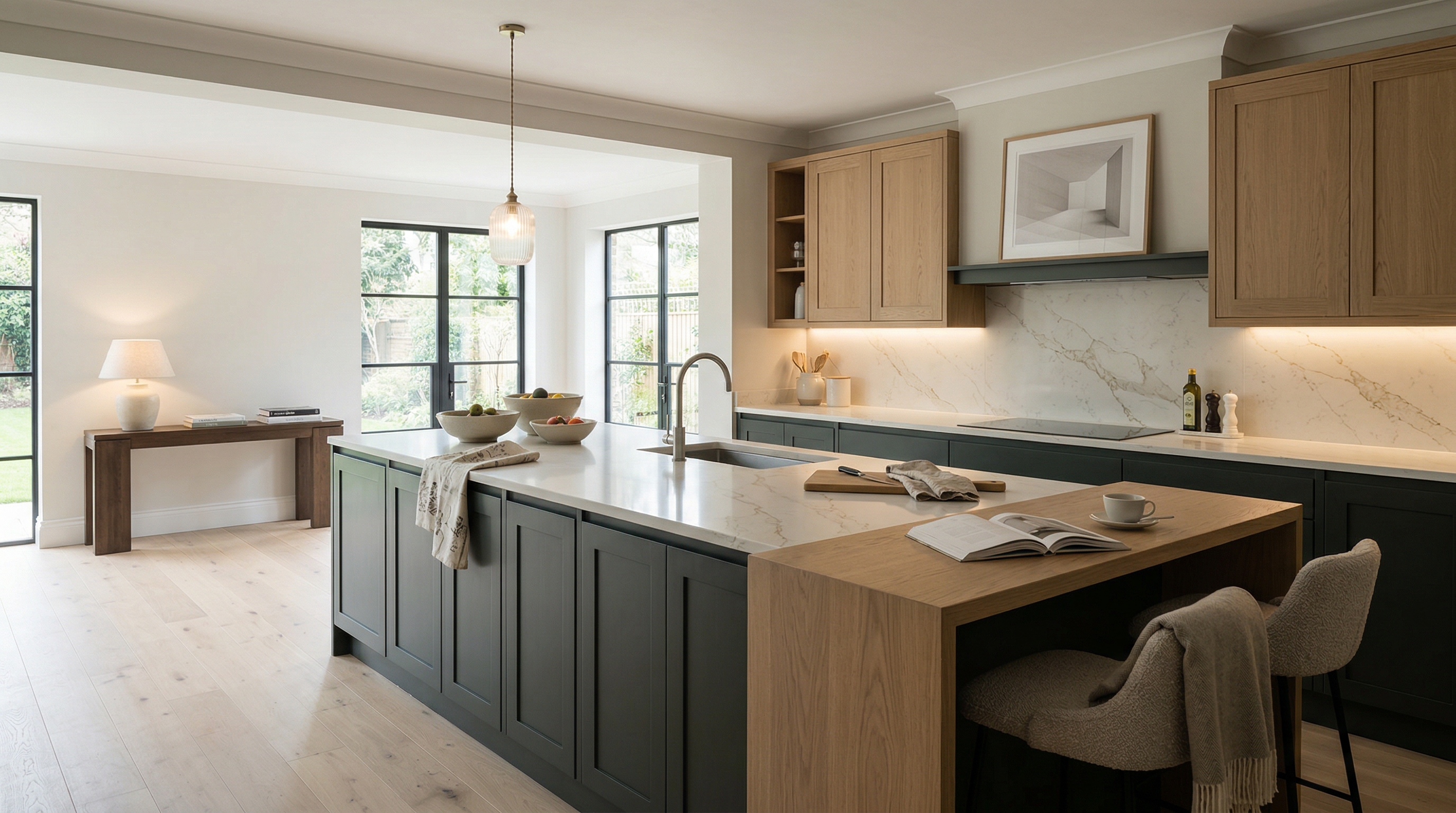 hero2_1200x675 Mastercraft bespoke kitchen in Enfield, wide architectural view showing room volume and design quality