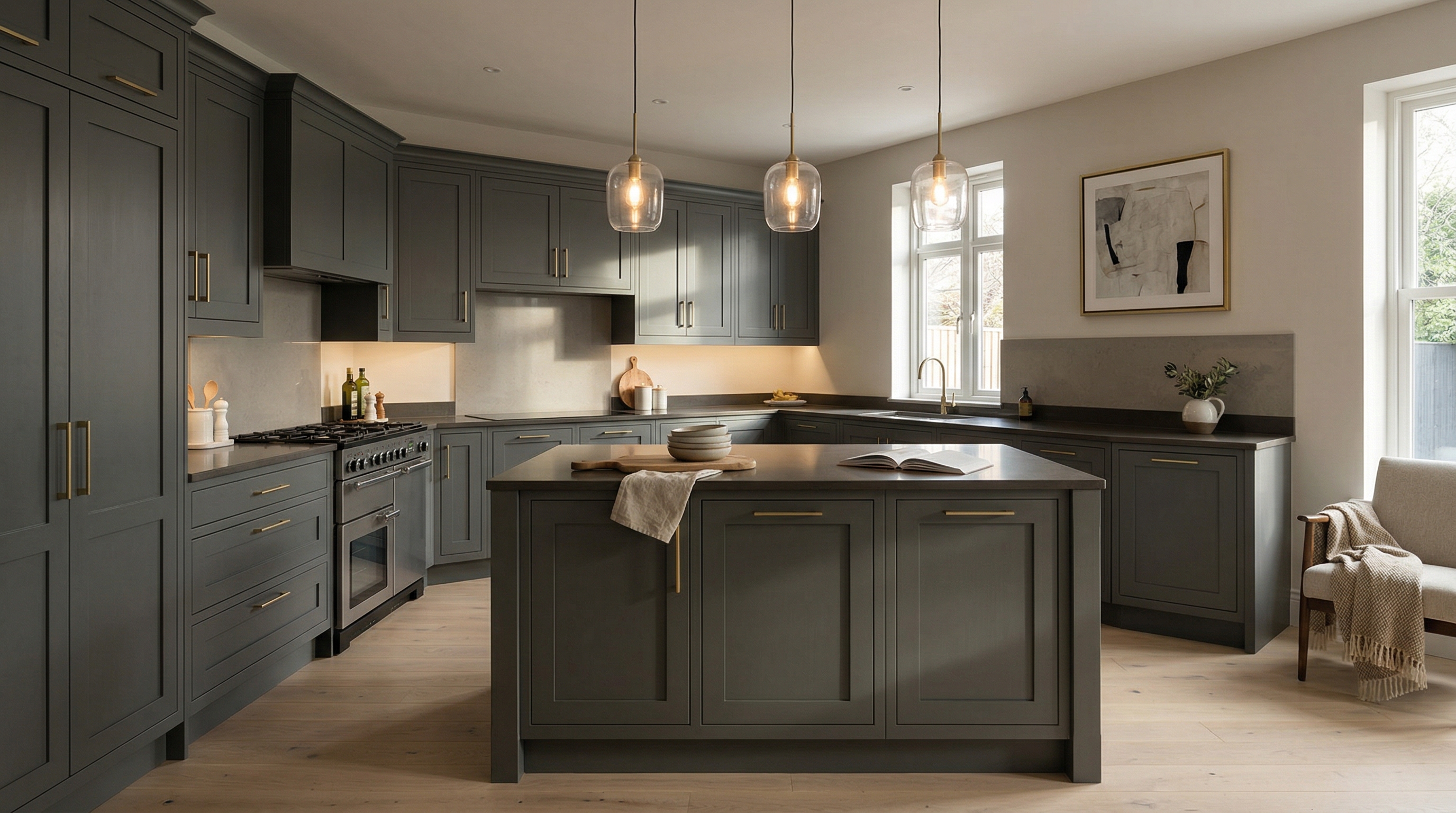 Wide view of a newly completed bespoke Mastercraft kitchen, matt painted handleless slab cabinetry in cashmere tones