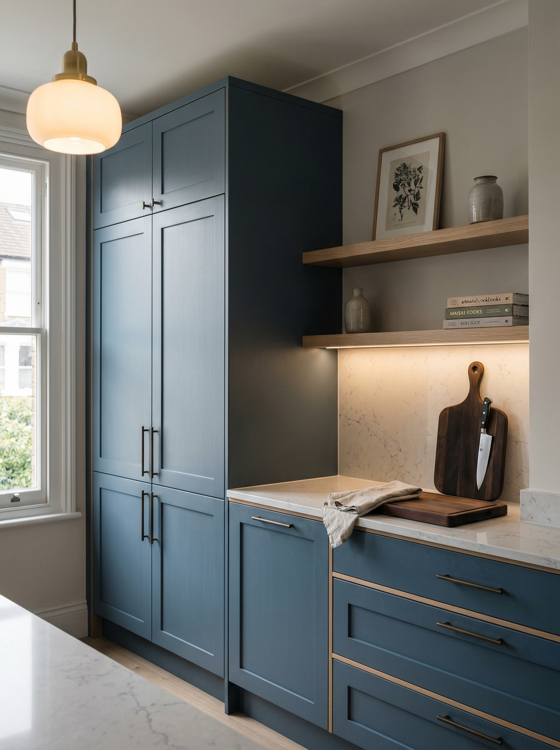 portrait1_600x800 Tall view of full-height bespoke kitchen cabinetry, matt painted handleless slab cabinetry