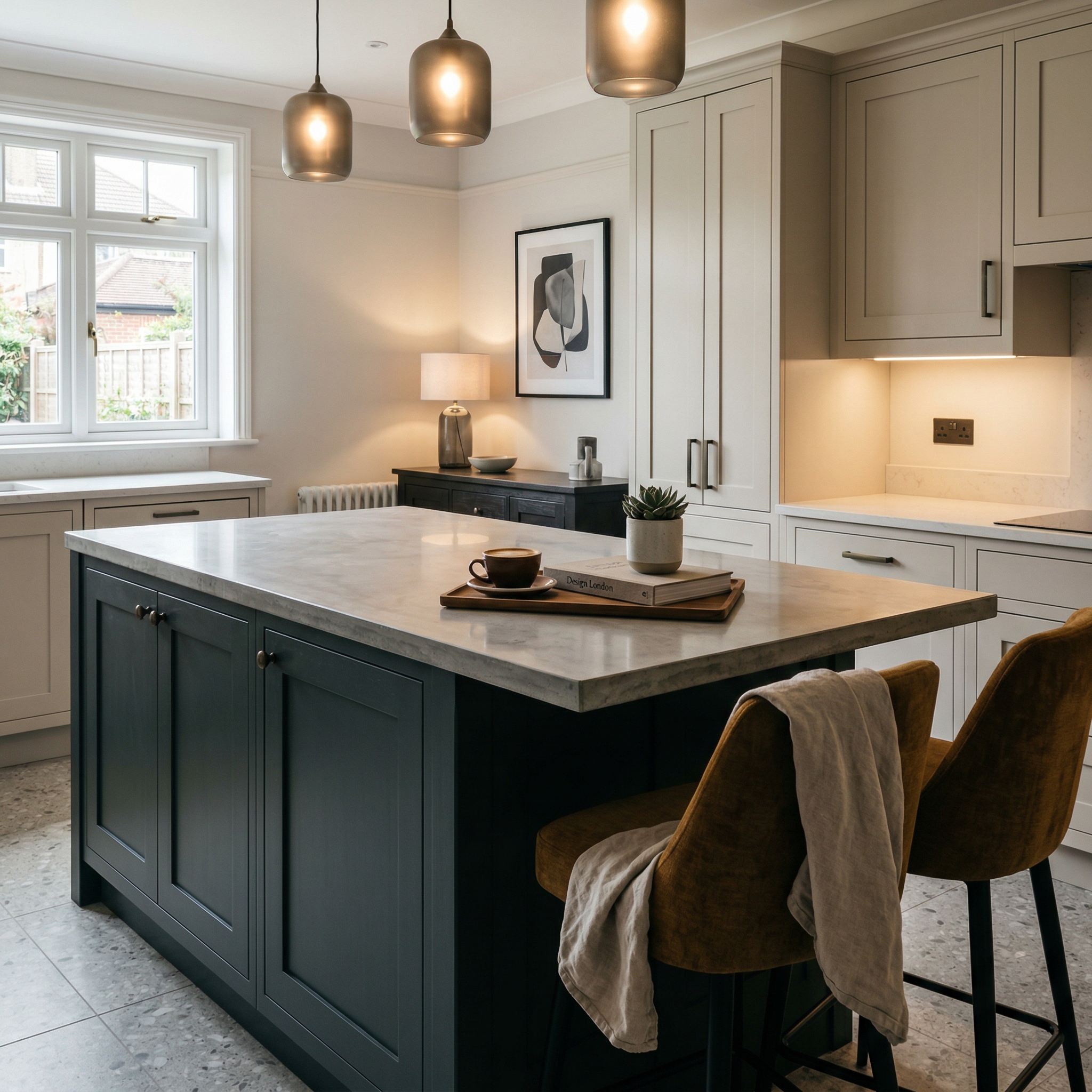 Bespoke kitchen island detail, matt painted handleless slab cabinetry with quality joinery
