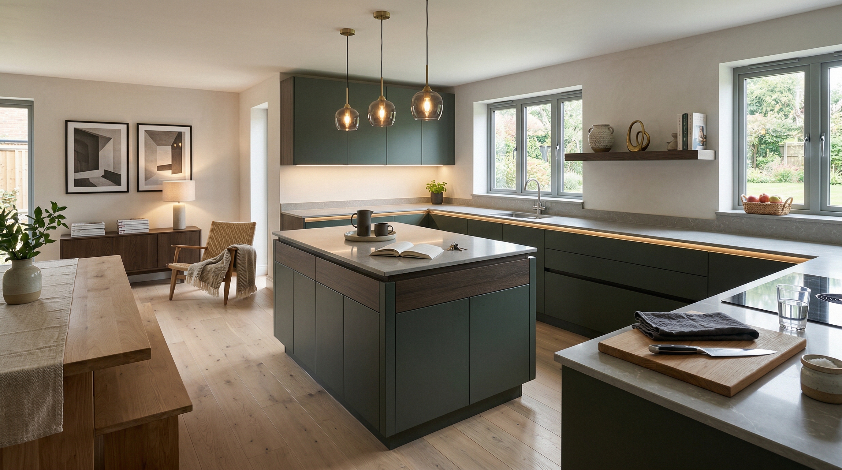 Mastercraft bespoke kitchen in Ewyas Harold, wide architectural view showing room volume and design quality