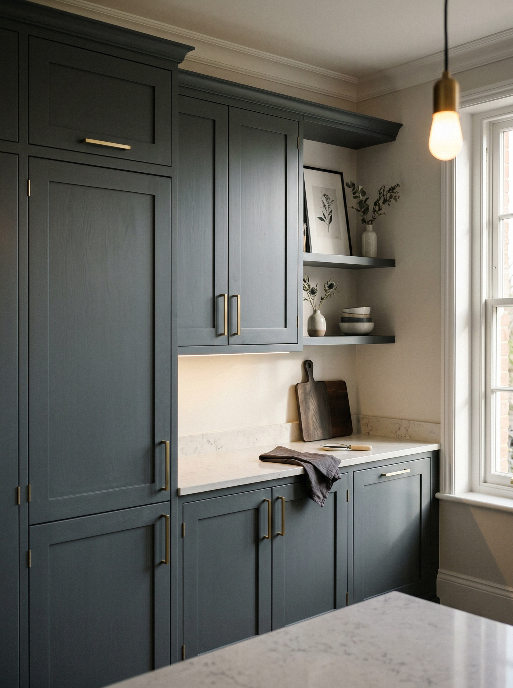 Tall view of full-height bespoke kitchen cabinetry, modern shaker cabinetry