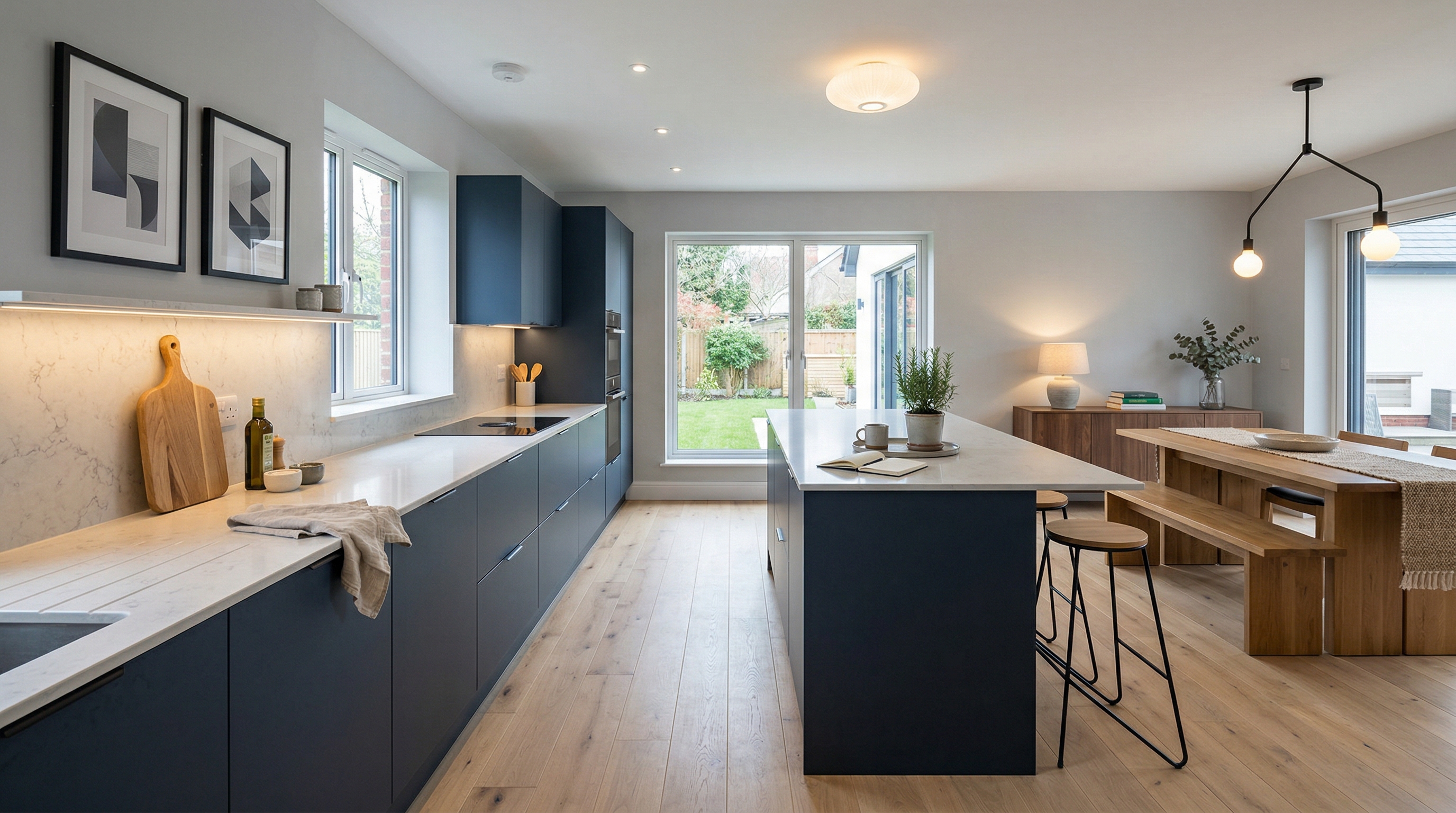 Mastercraft bespoke kitchen in Exeter, wide architectural view showing room volume and design quality