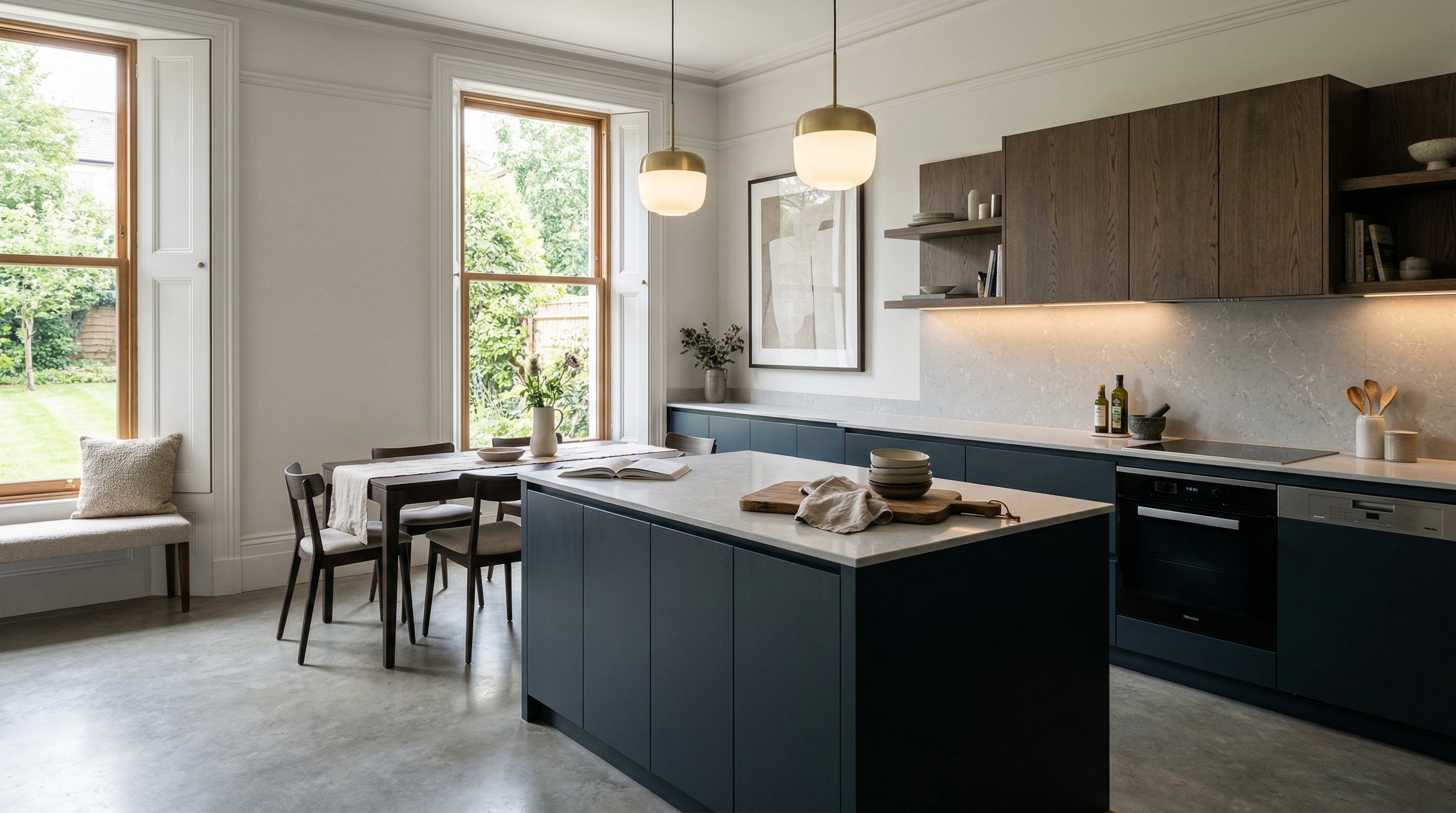 hero_1200x675 Wide view of a newly completed bespoke Mastercraft kitchen, matt painted handleless slab cabinetry in viridian tones