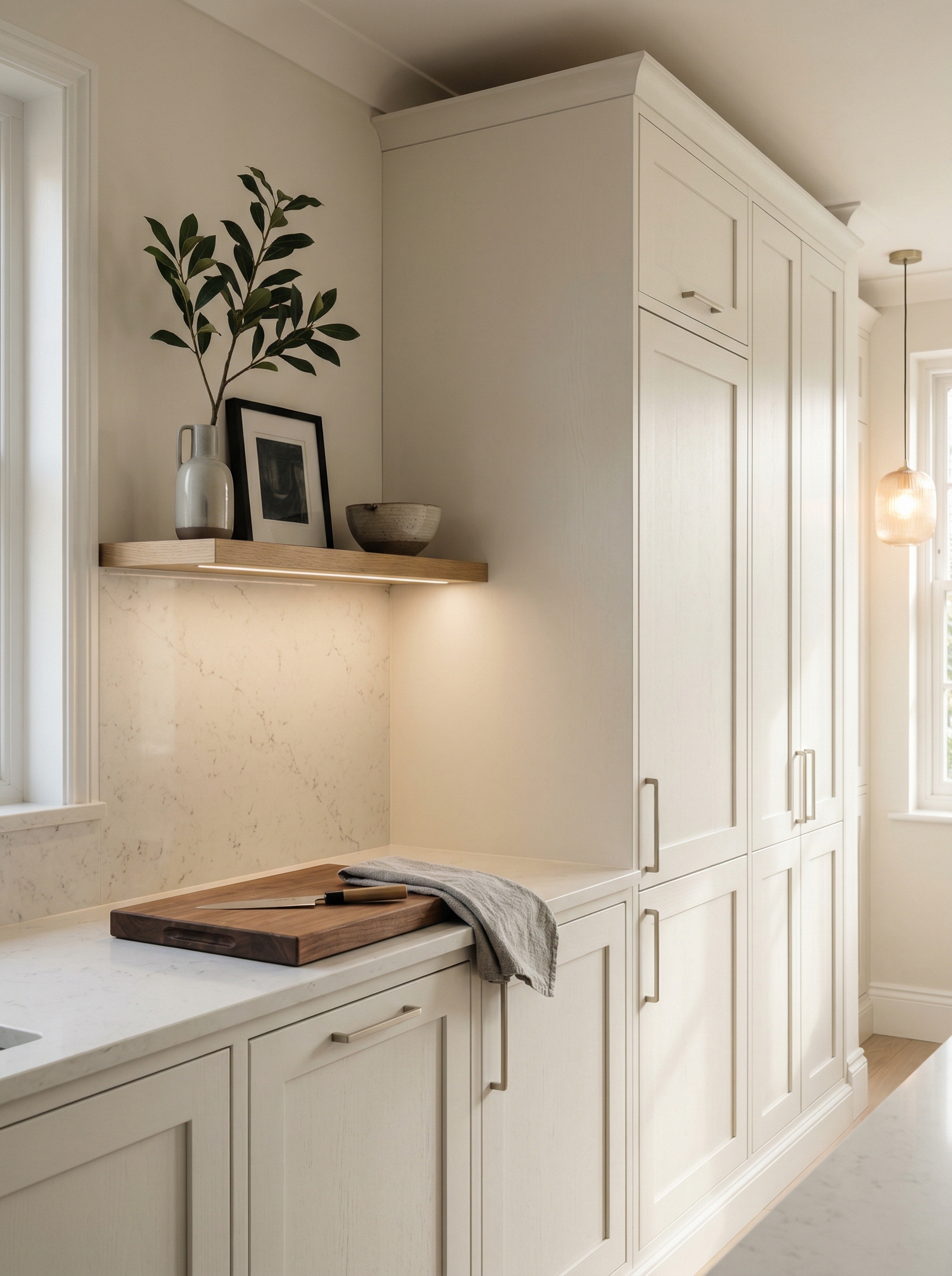 portrait1_600x800 Tall view of full-height bespoke kitchen cabinetry, matt painted handleless slab cabinetry